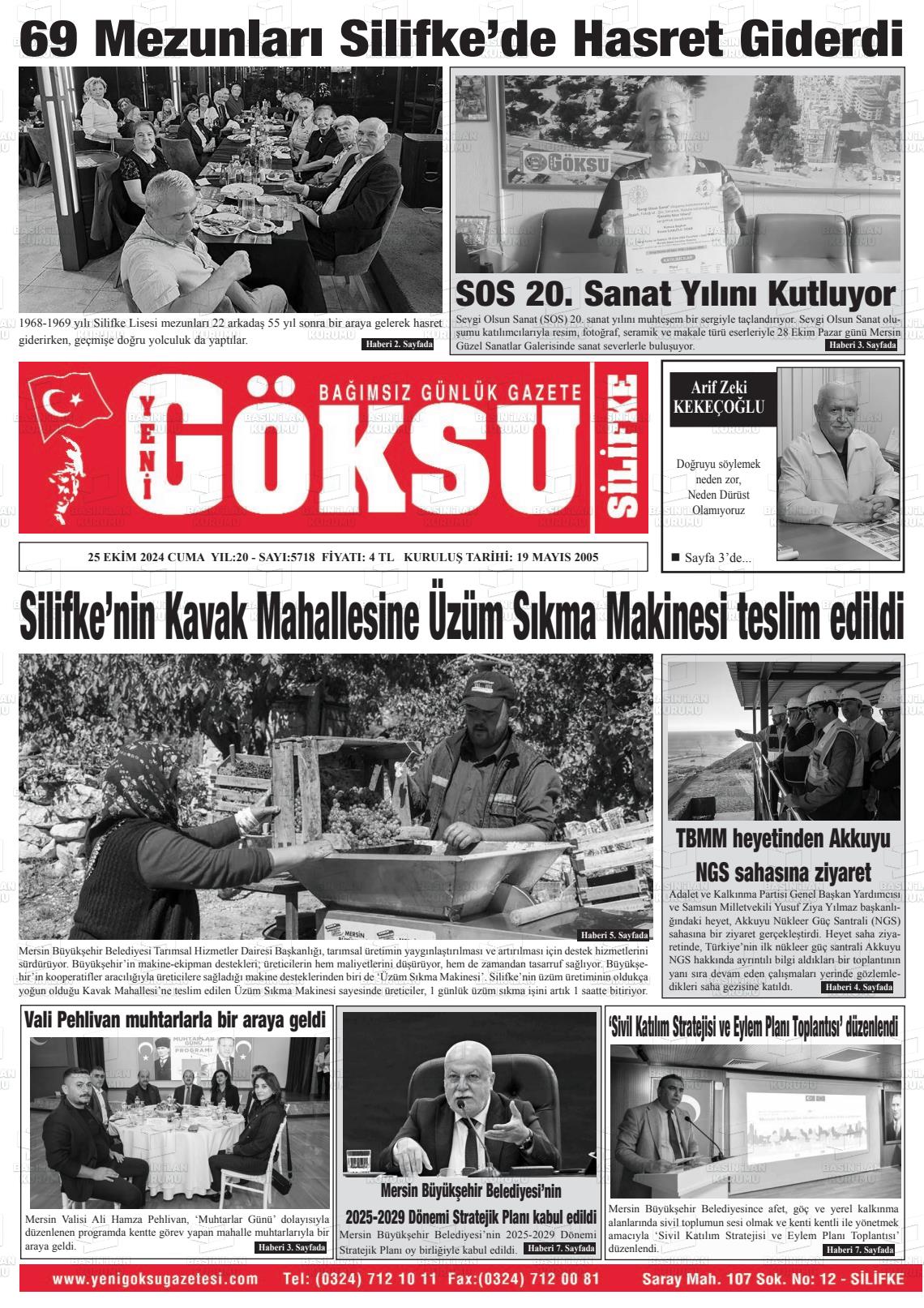 25 Ekim 2024 YENİ GÖKSU GAZETESİ Gazete Manşeti