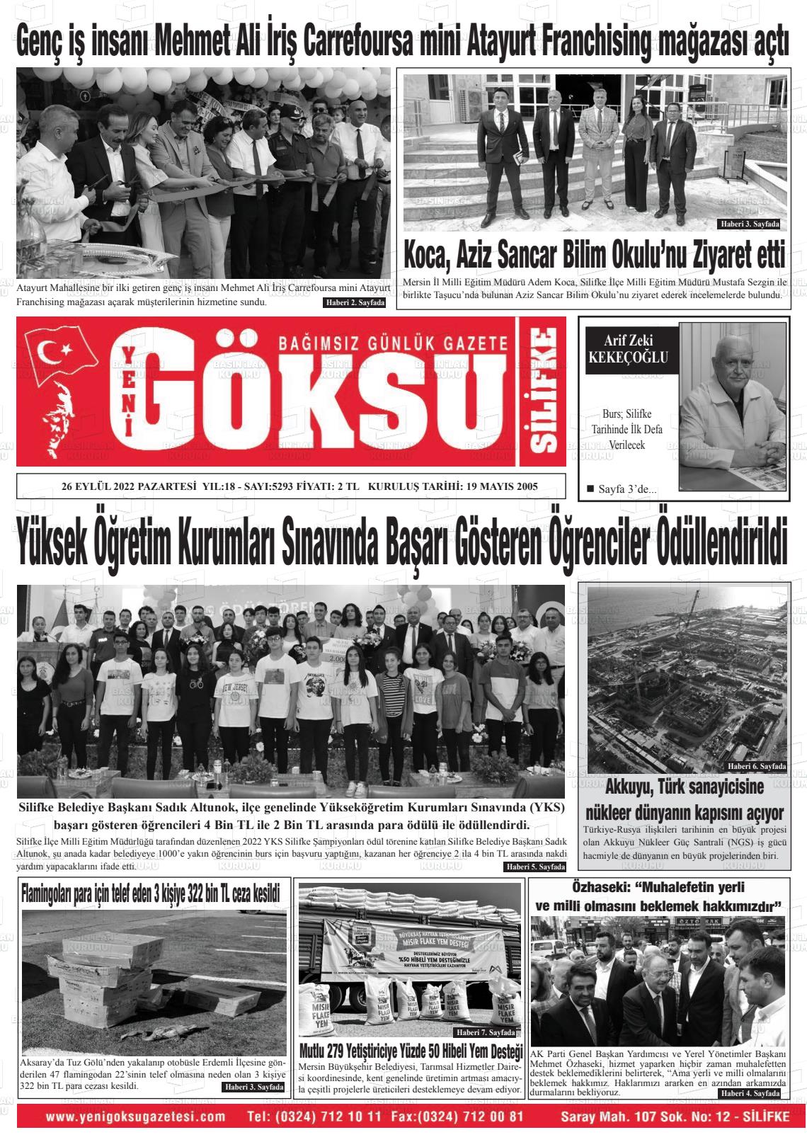 26 Eylül 2022 YENİ GÖKSU GAZETESİ Gazete Manşeti