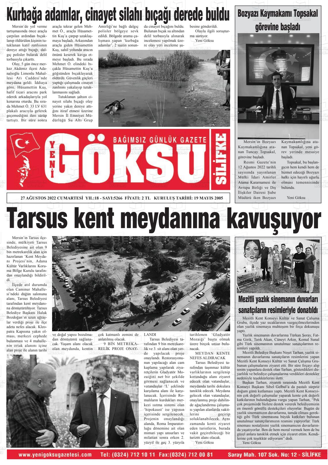 27 Ağustos 2022 YENİ GÖKSU GAZETESİ Gazete Manşeti