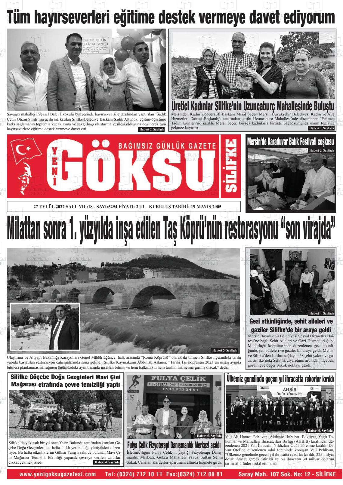 25 Kasım 2022 YENİ GÖKSU GAZETESİ Gazete Manşeti