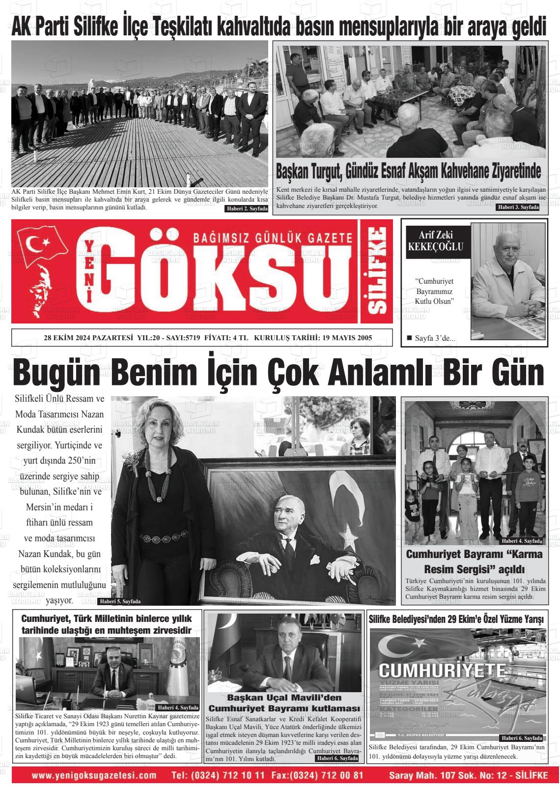 28 Ekim 2024 YENİ GÖKSU GAZETESİ Gazete Manşeti