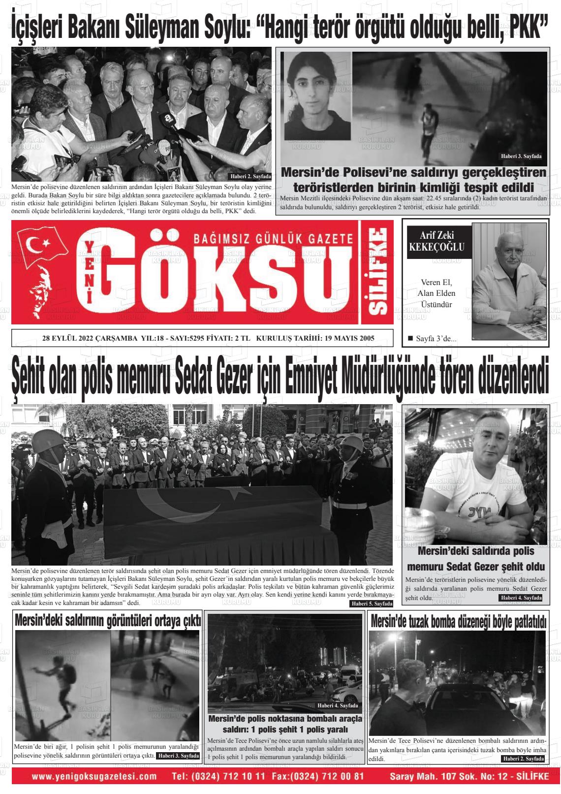 28 Eylül 2022 YENİ GÖKSU GAZETESİ Gazete Manşeti