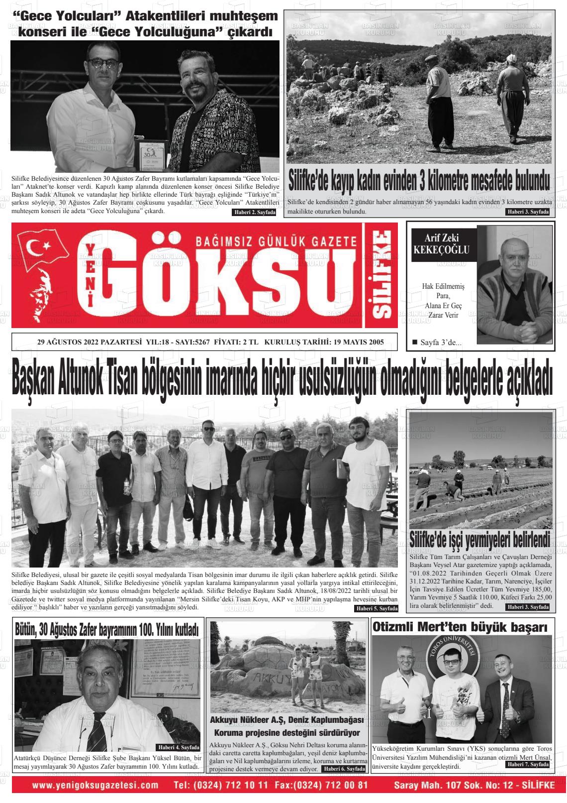 27 Ekim 2022 YENİ GÖKSU GAZETESİ Gazete Manşeti