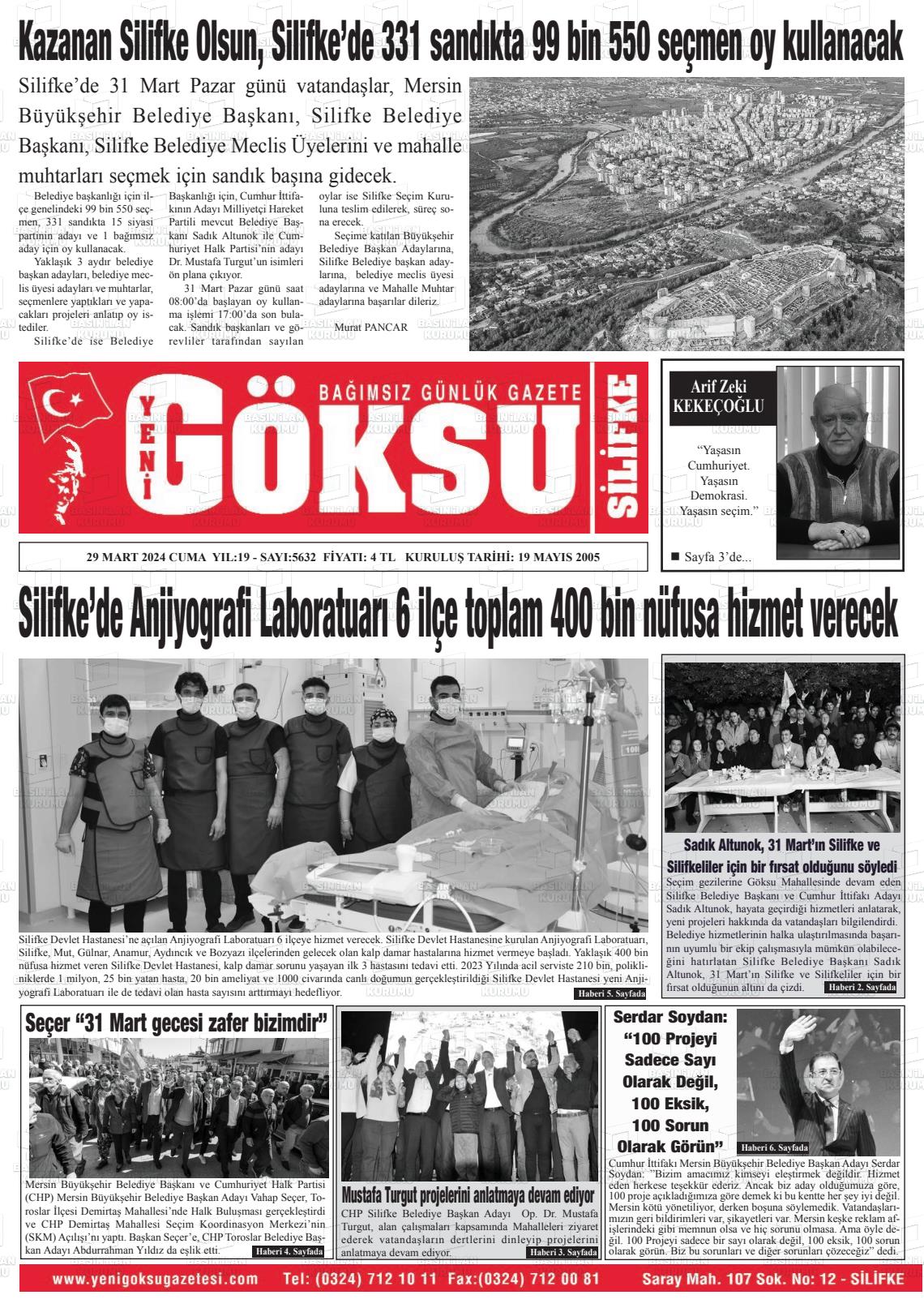 29 Mart 2024 YENİ GÖKSU GAZETESİ Gazete Manşeti