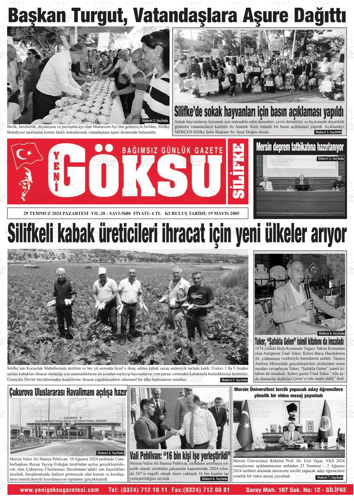 29 Temmuz 2024 YENİ GÖKSU GAZETESİ Gazete Manşeti