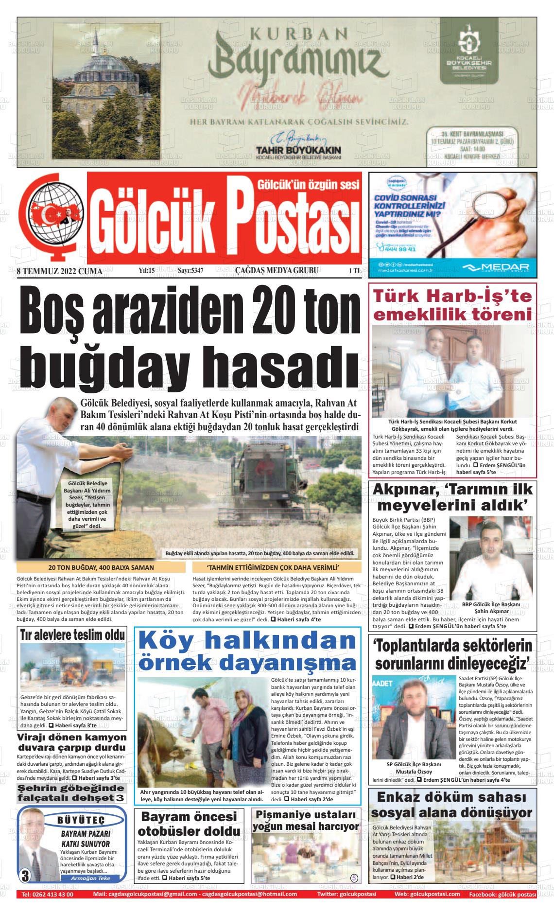 08 Temmuz 2022 Gölcük Postasi Gazete Manşeti