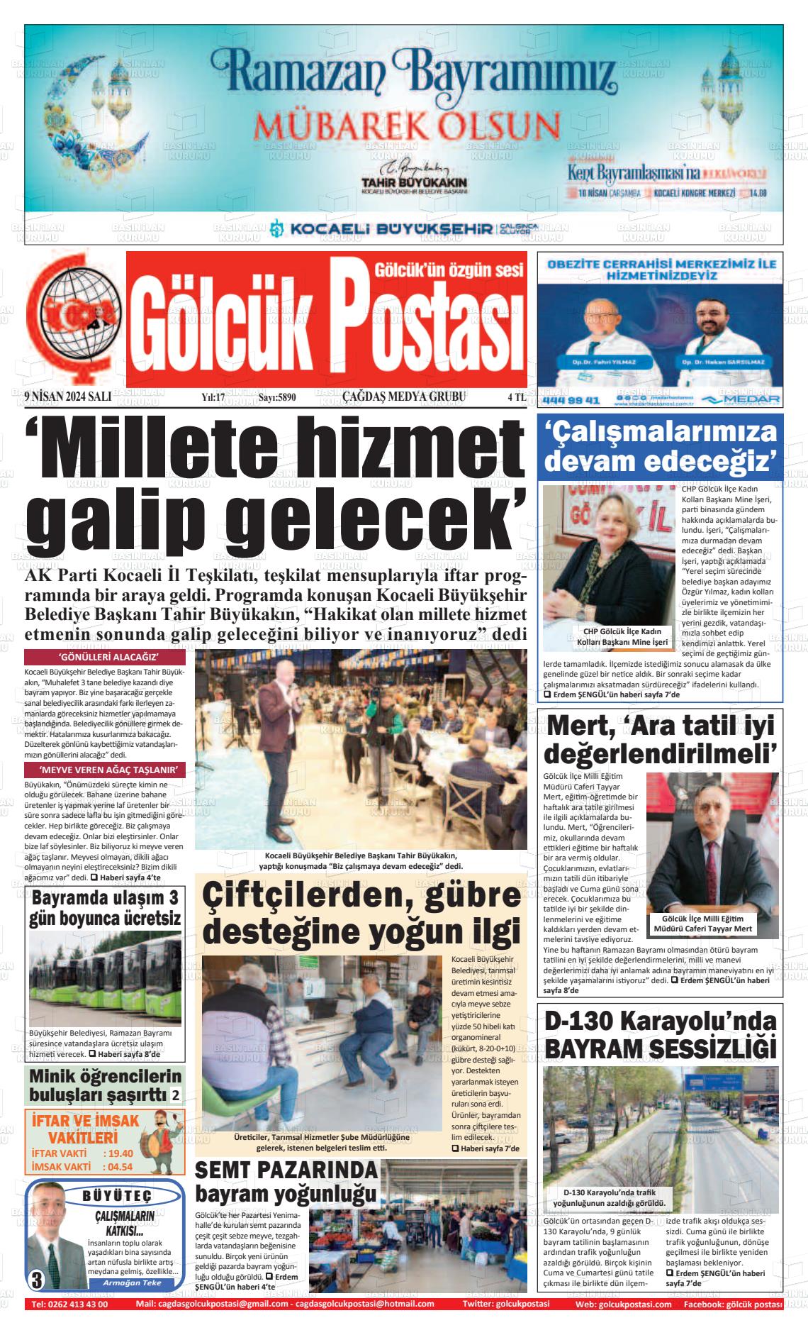 09 Nisan 2024 Gölcük Postasi Gazete Manşeti