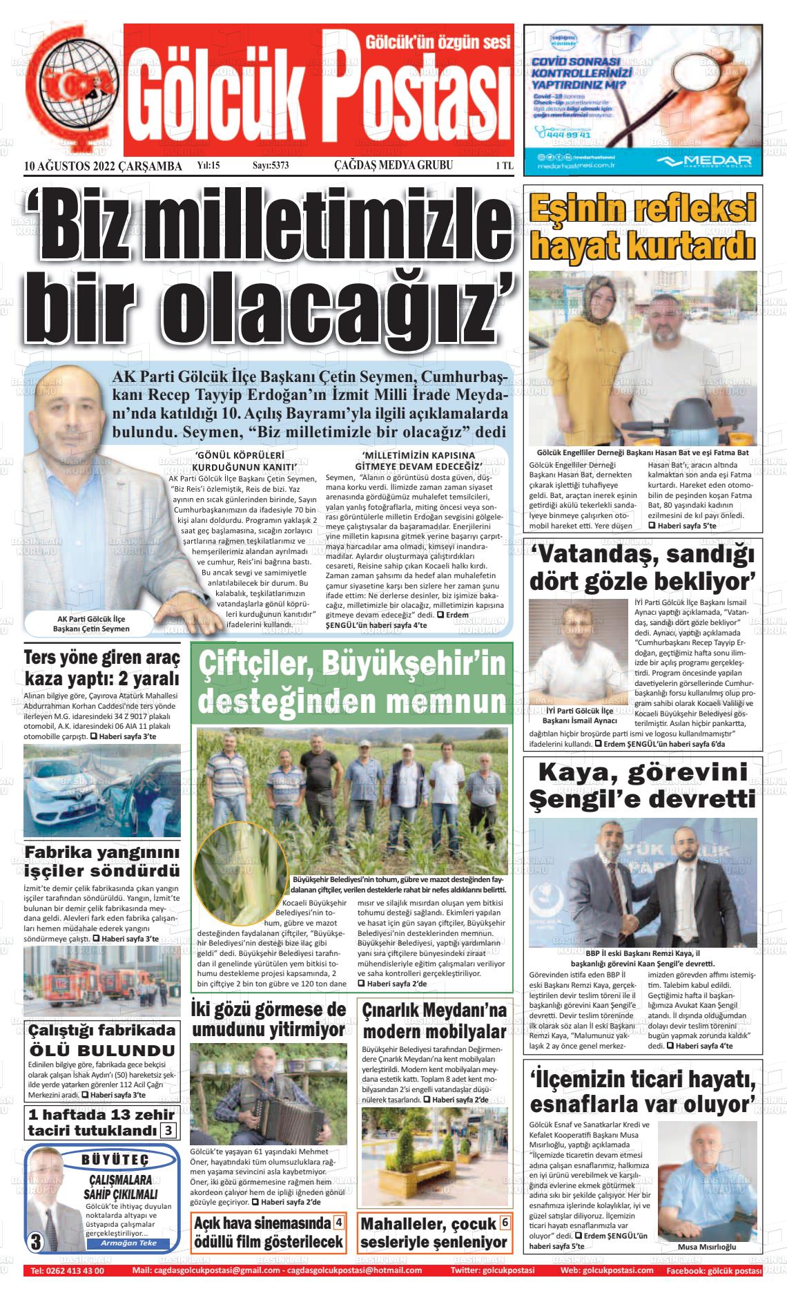 10 Ağustos 2022 Gölcük Postasi Gazete Manşeti