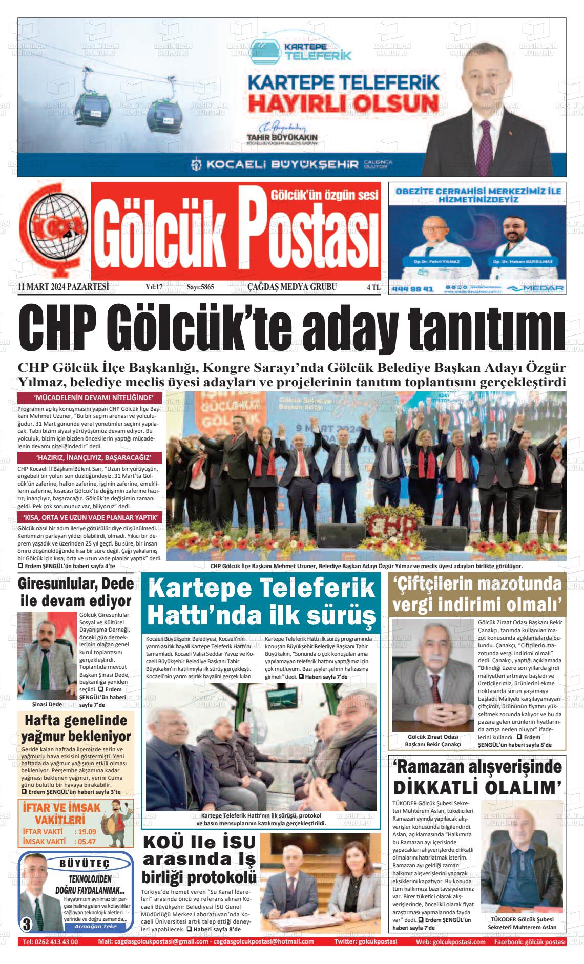 11 Mart 2024 Gölcük Postasi Gazete Manşeti