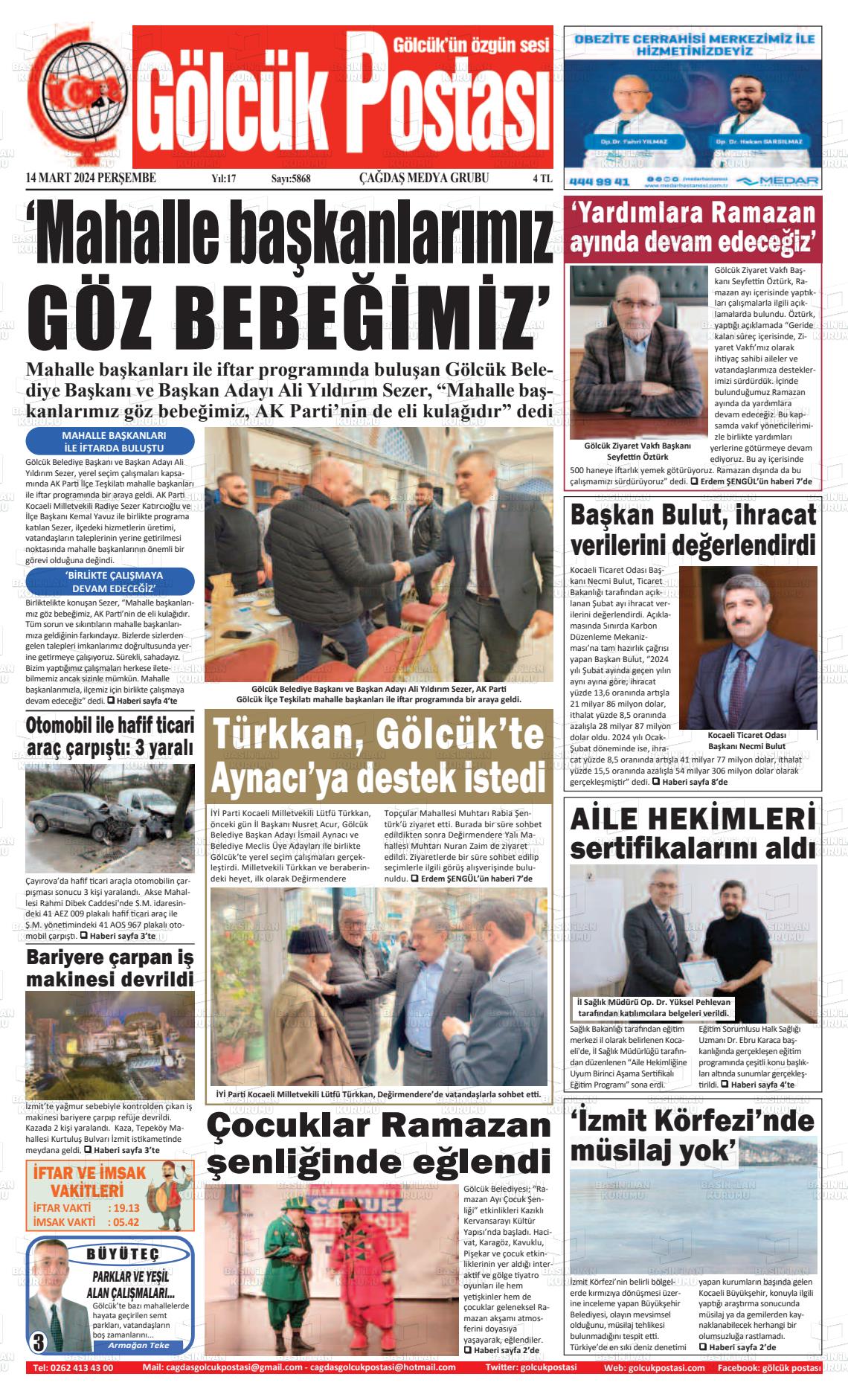 14 Mart 2024 Gölcük Postasi Gazete Manşeti