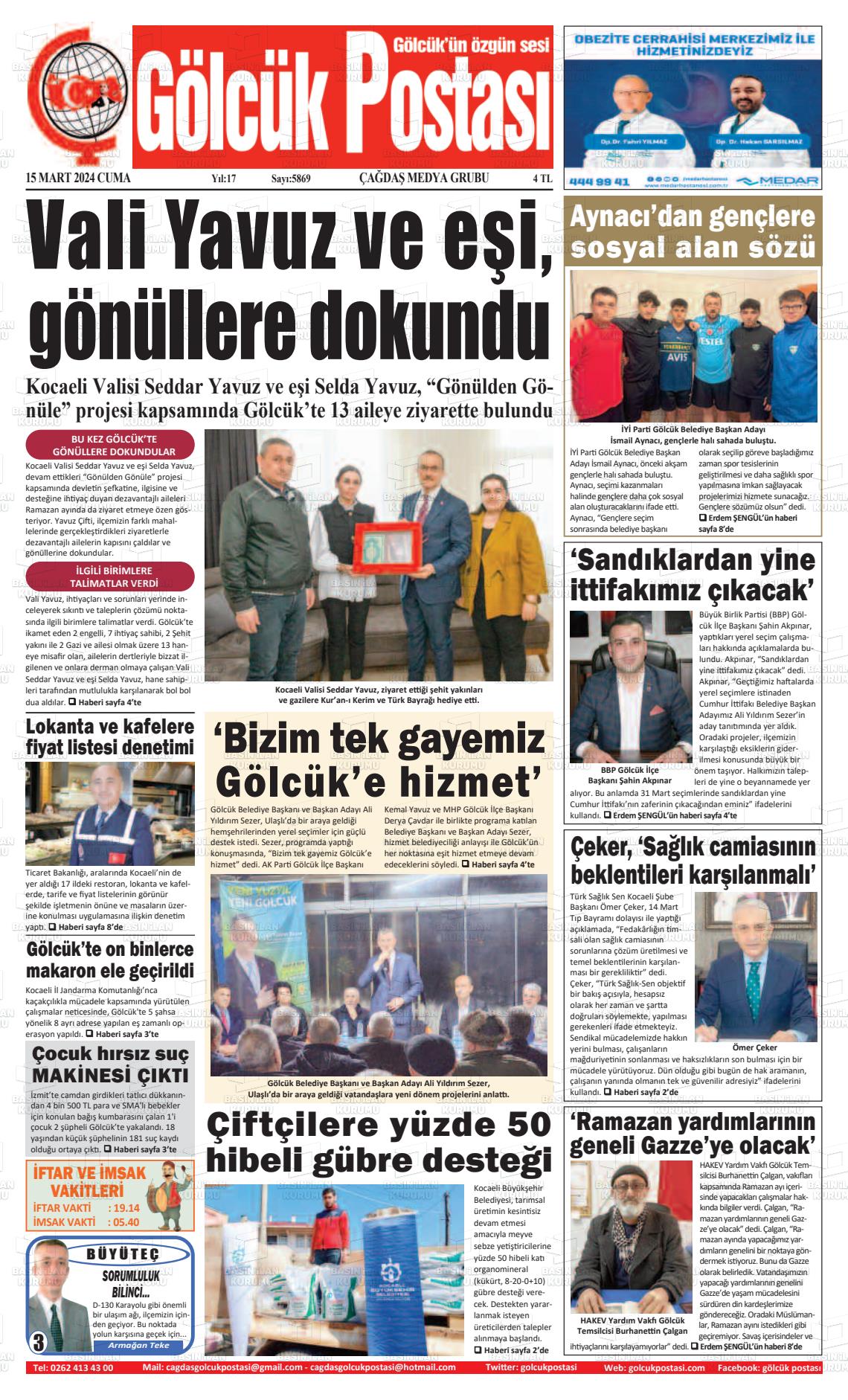 15 Mart 2024 Gölcük Postasi Gazete Manşeti