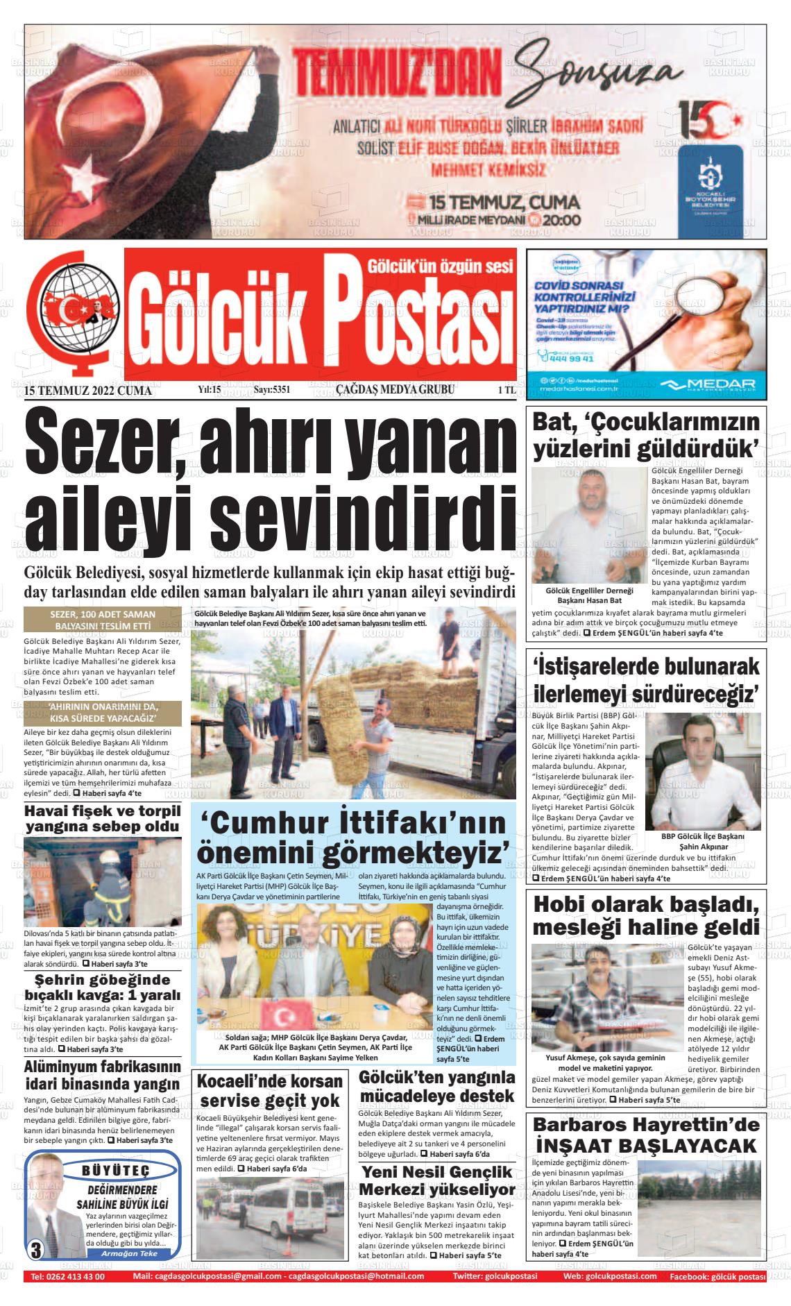 15 Temmuz 2022 Gölcük Postasi Gazete Manşeti