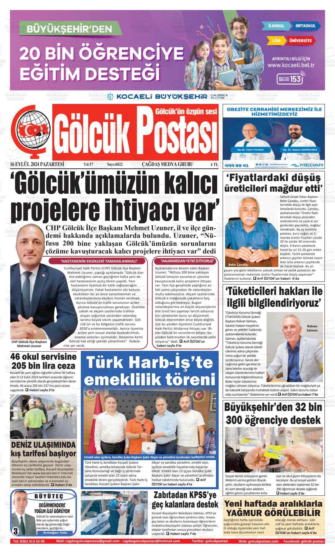 16 Eylül 2024 Gölcük Postasi Gazete Manşeti