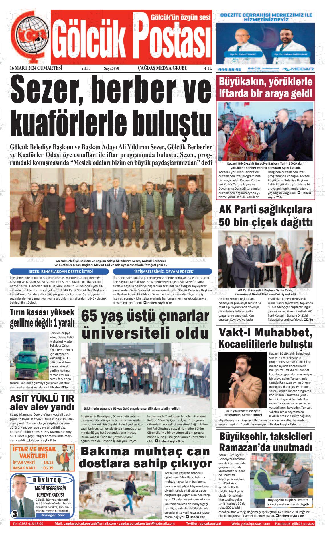 16 Mart 2024 Gölcük Postasi Gazete Manşeti