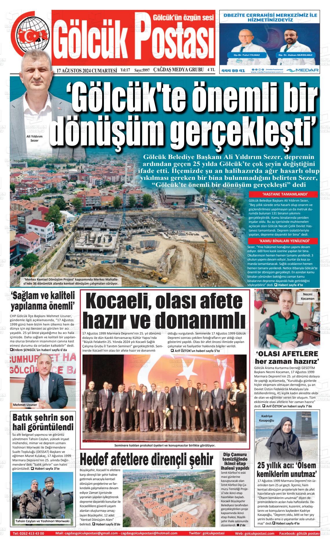 17 Ağustos 2024 Gölcük Postasi Gazete Manşeti