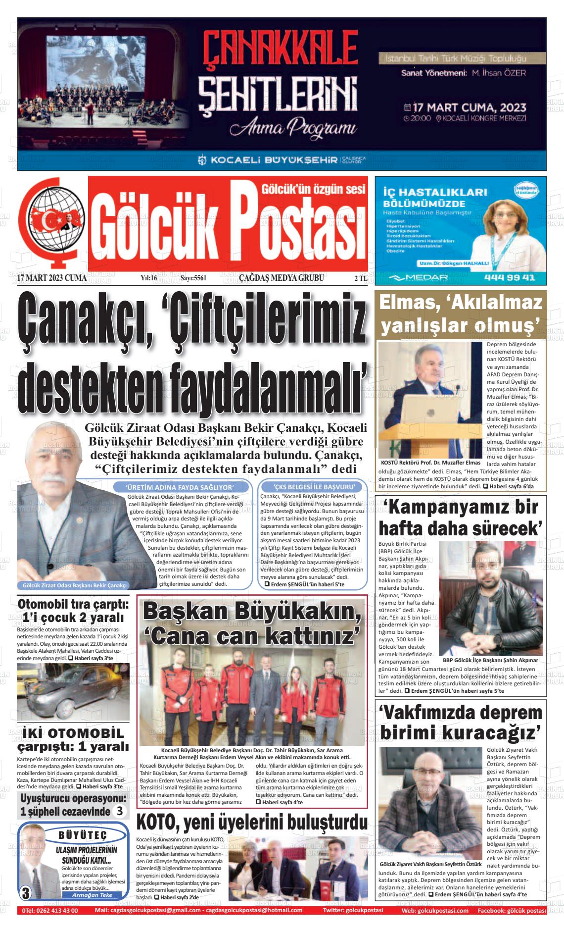 17 Mart 2023 Gölcük Postasi Gazete Manşeti