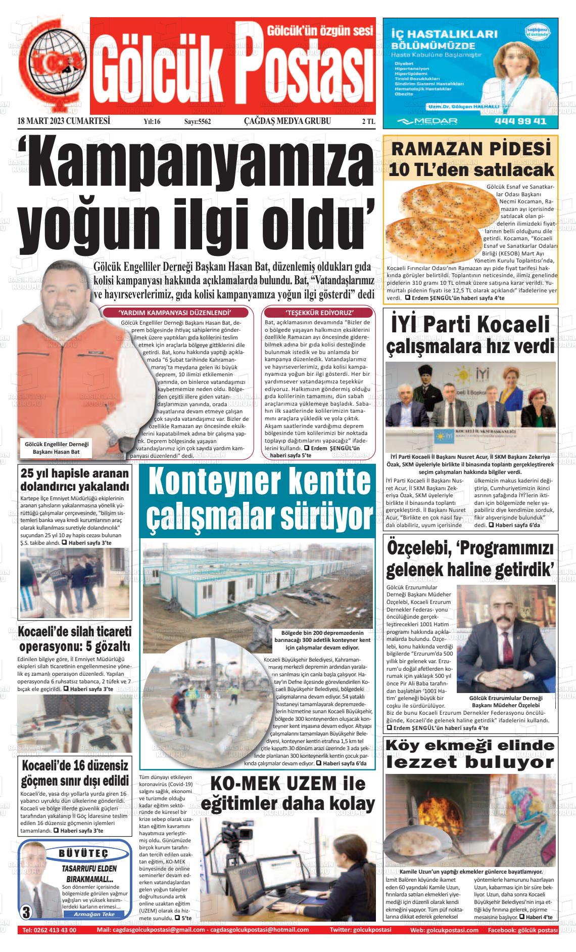 18 Mart 2023 Gölcük Postasi Gazete Manşeti