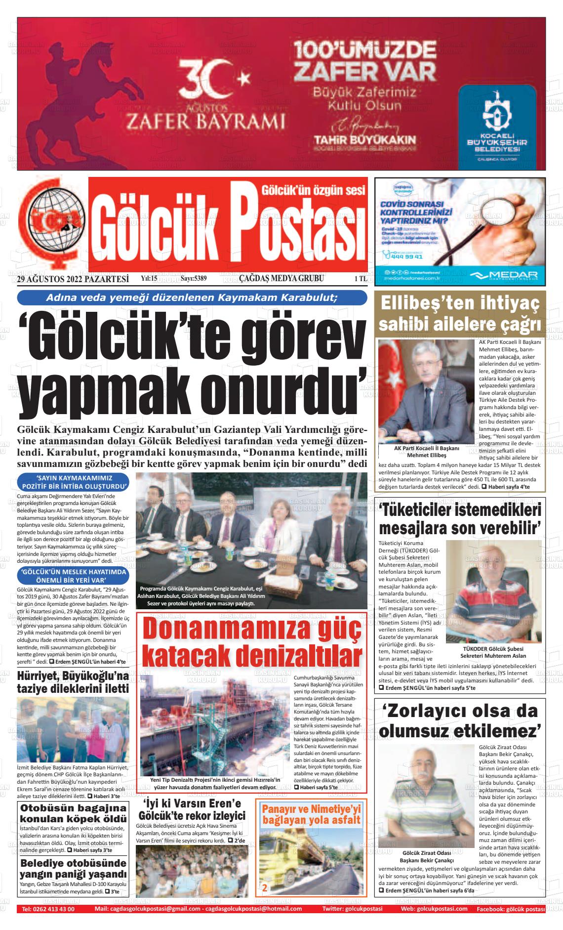 29 Ağustos 2022 Gölcük Postasi Gazete Manşeti