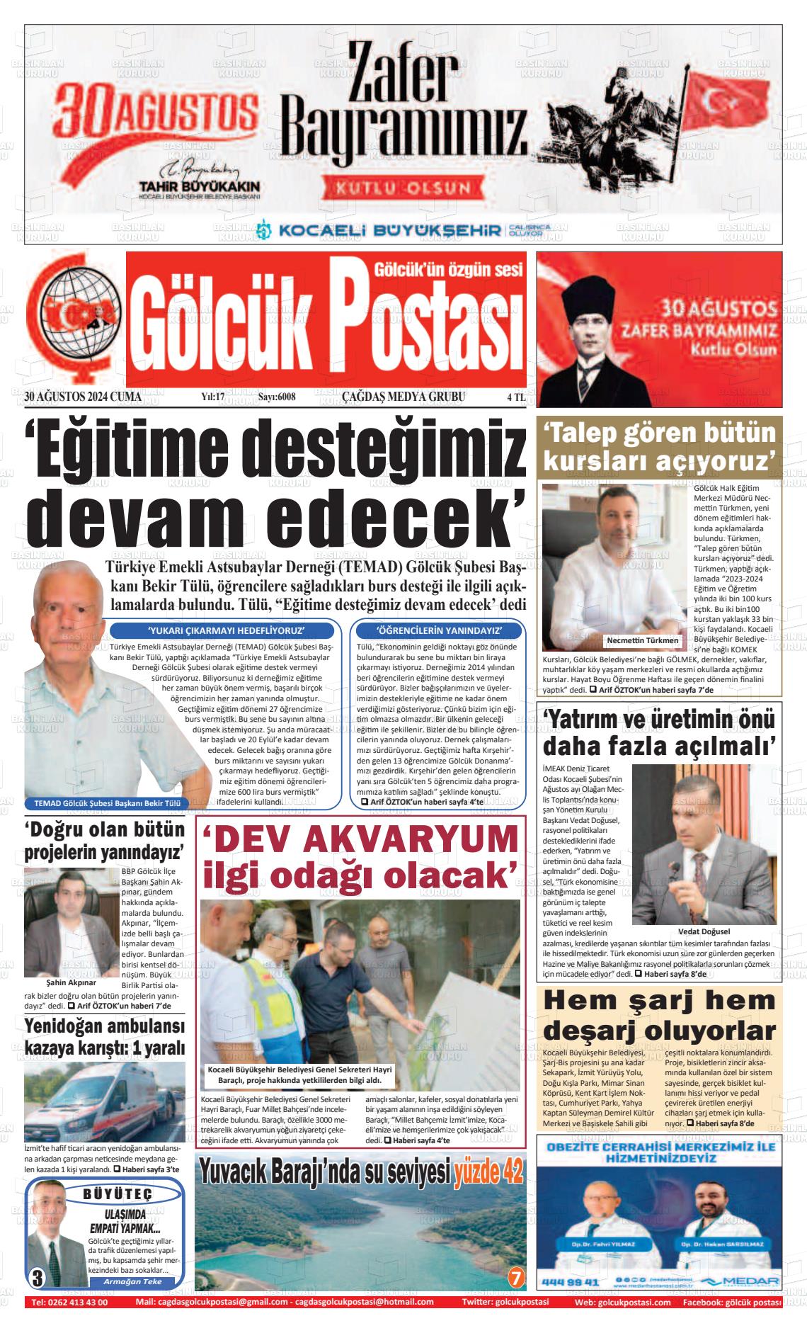 30 Ağustos 2024 Gölcük Postasi Gazete Manşeti