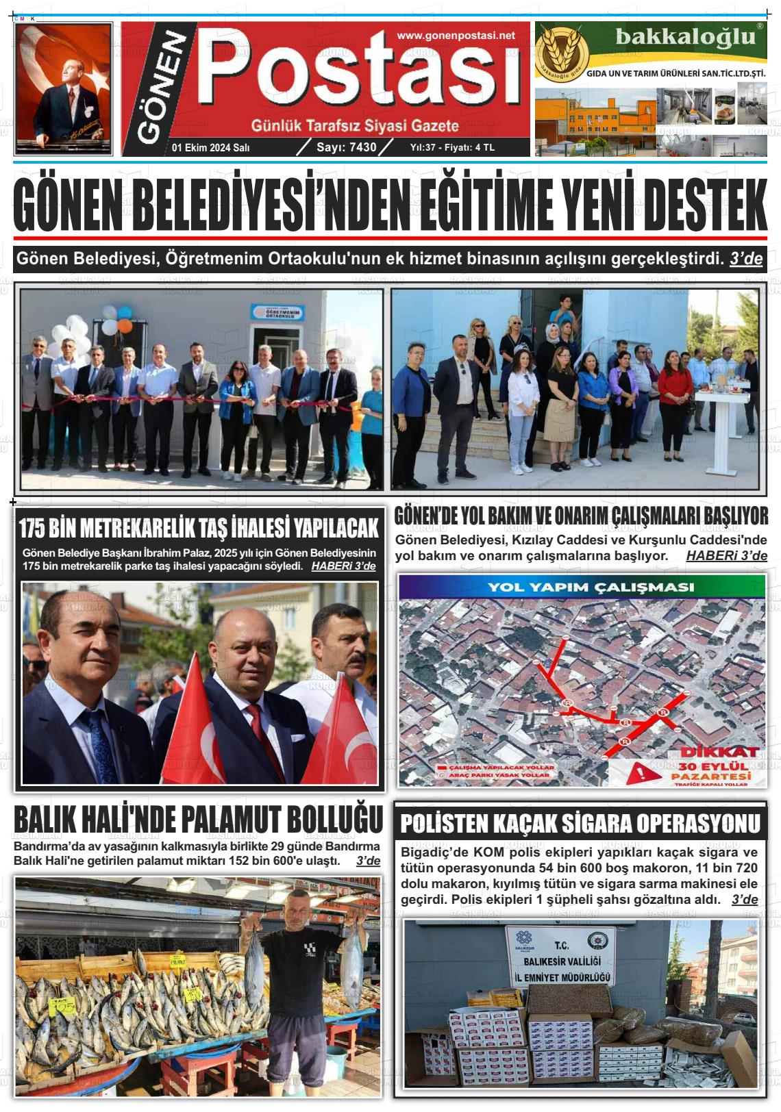 01 Ekim 2024 Gönen Postası Gazete Manşeti