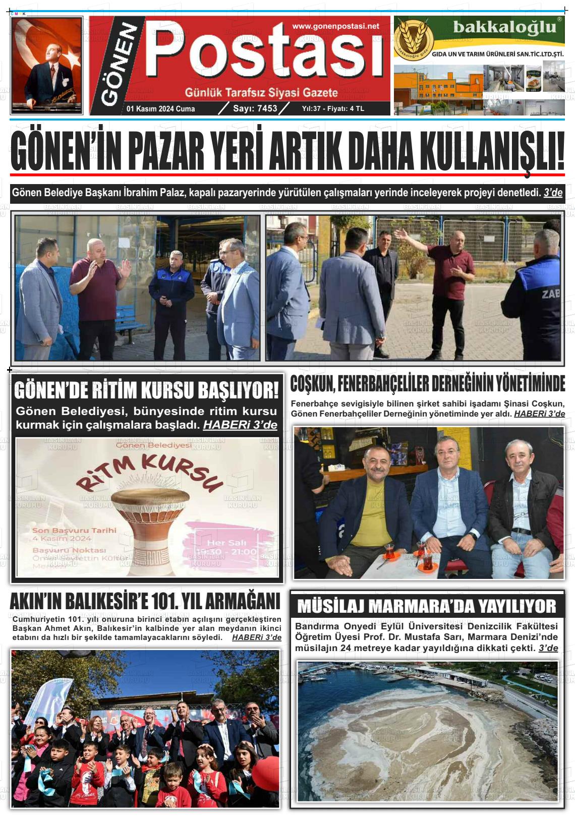 01 Kasım 2024 Gönen Postası Gazete Manşeti