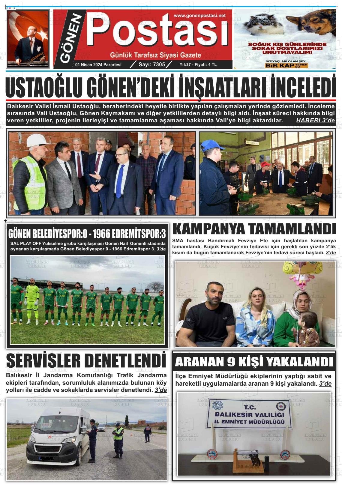 01 Nisan 2024 Gönen Postası Gazete Manşeti