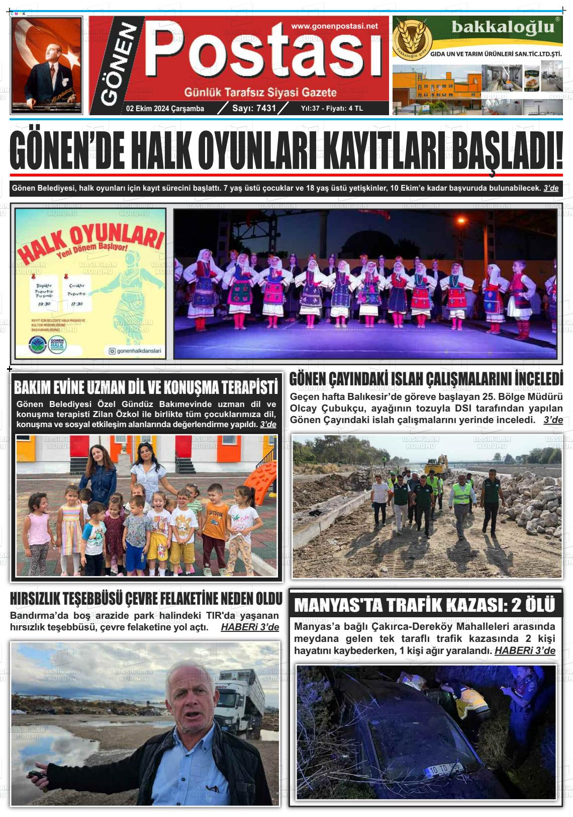 02 Ekim 2024 Gönen Postası Gazete Manşeti