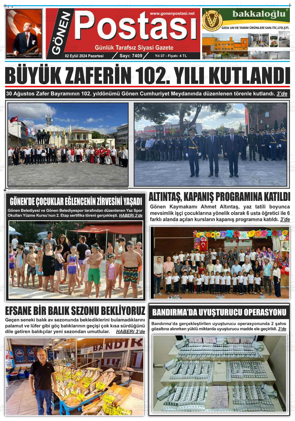 02 Eylül 2024 Gönen Postası Gazete Manşeti