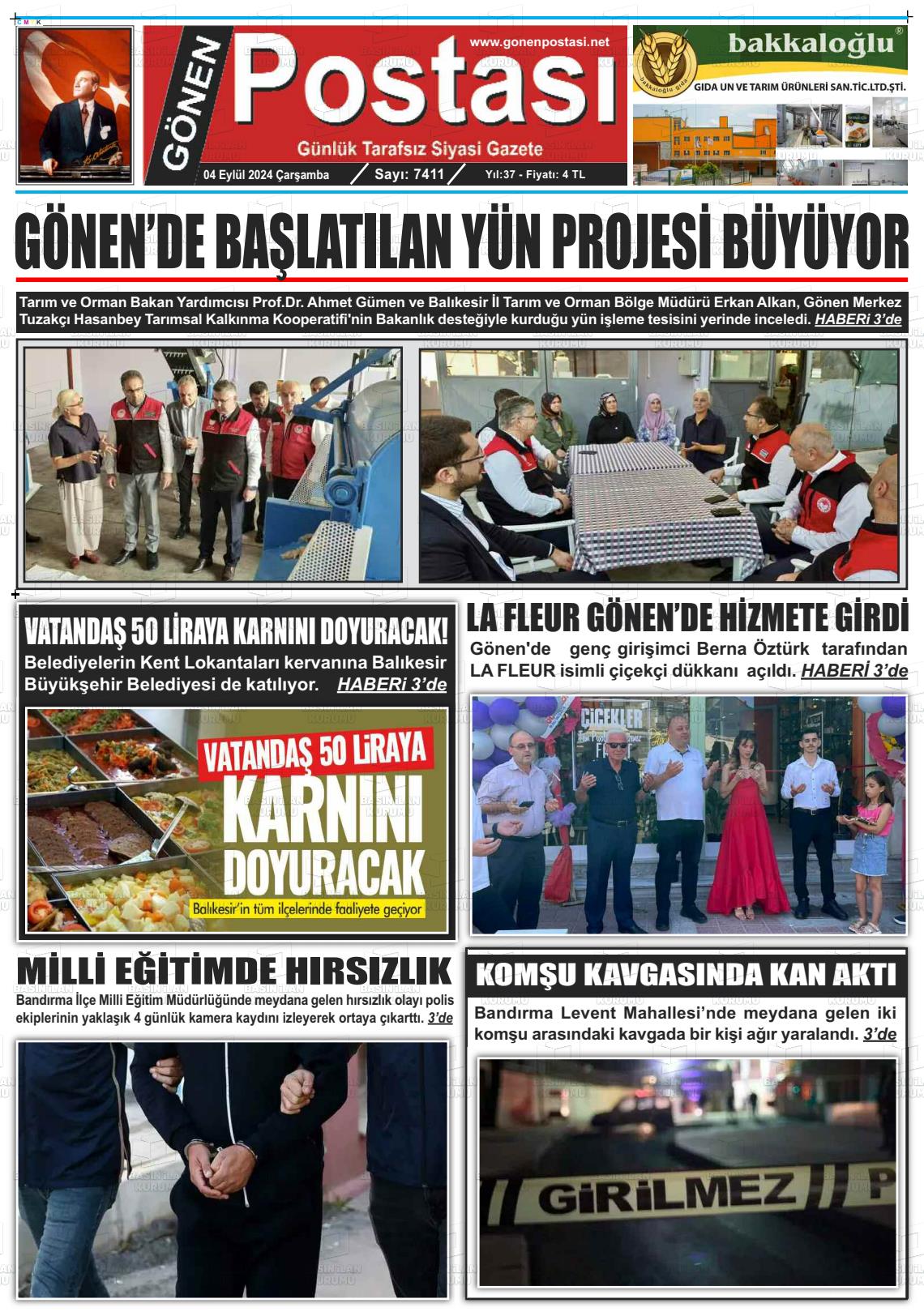 04 Eylül 2024 Gönen Postası Gazete Manşeti