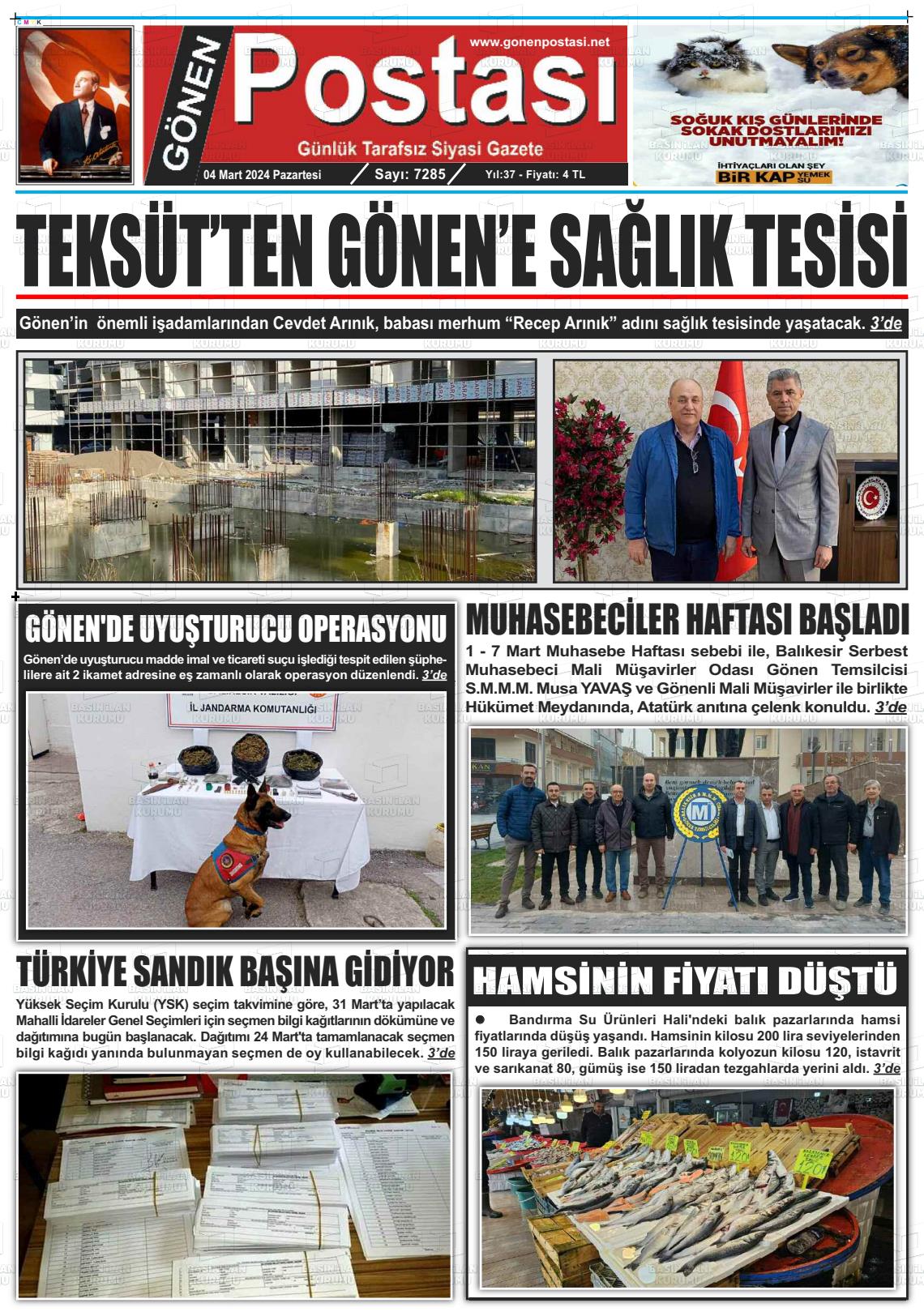 04 Mart 2024 Gönen Postası Gazete Manşeti