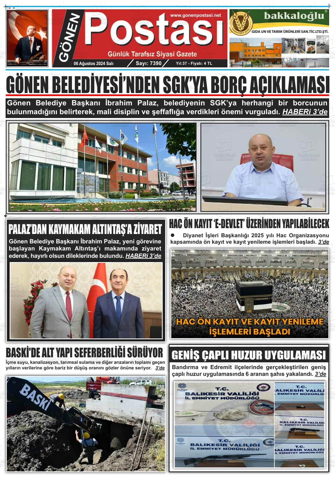 06 Ağustos 2024 Gönen Postası Gazete Manşeti