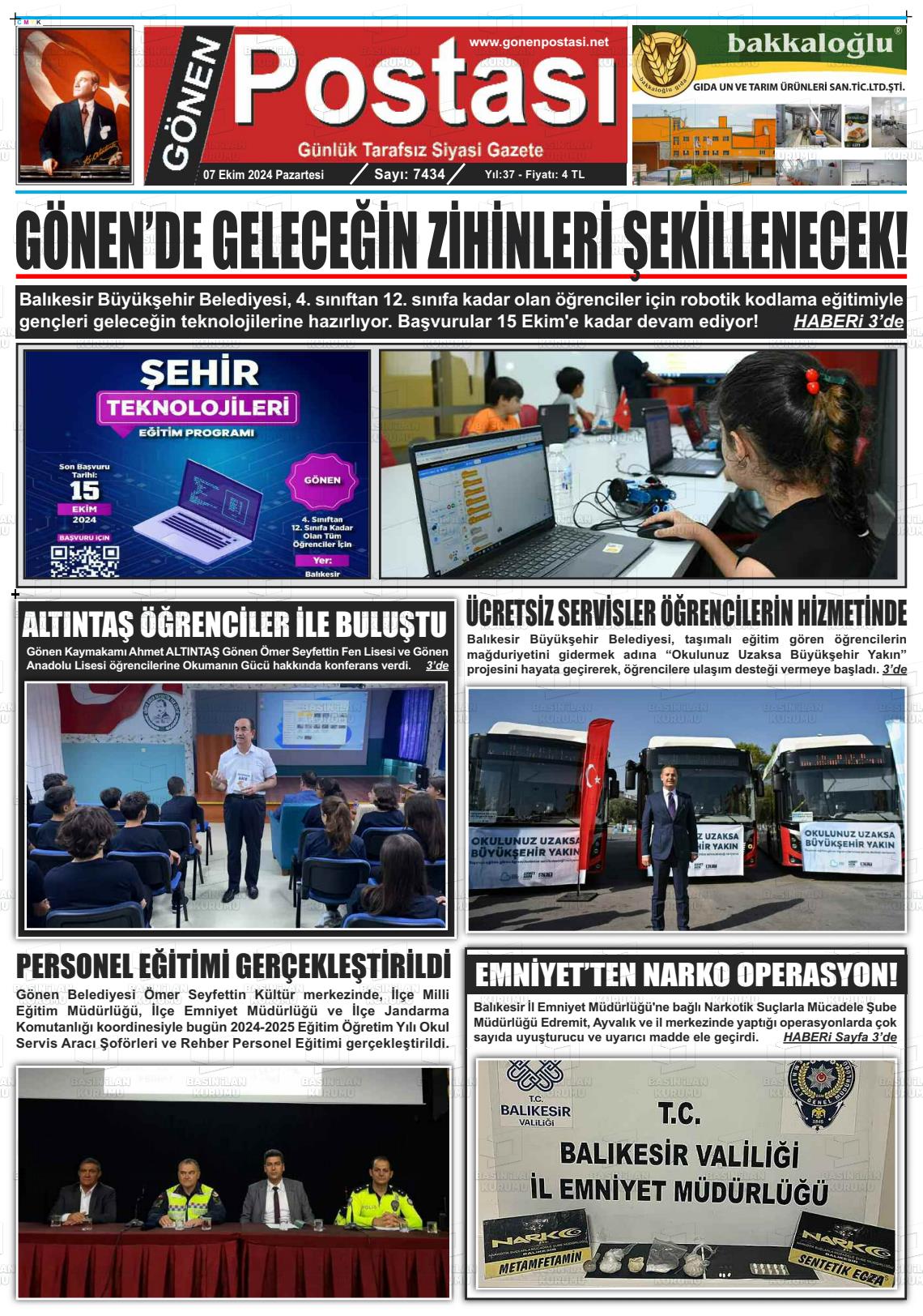 07 Ekim 2024 Gönen Postası Gazete Manşeti