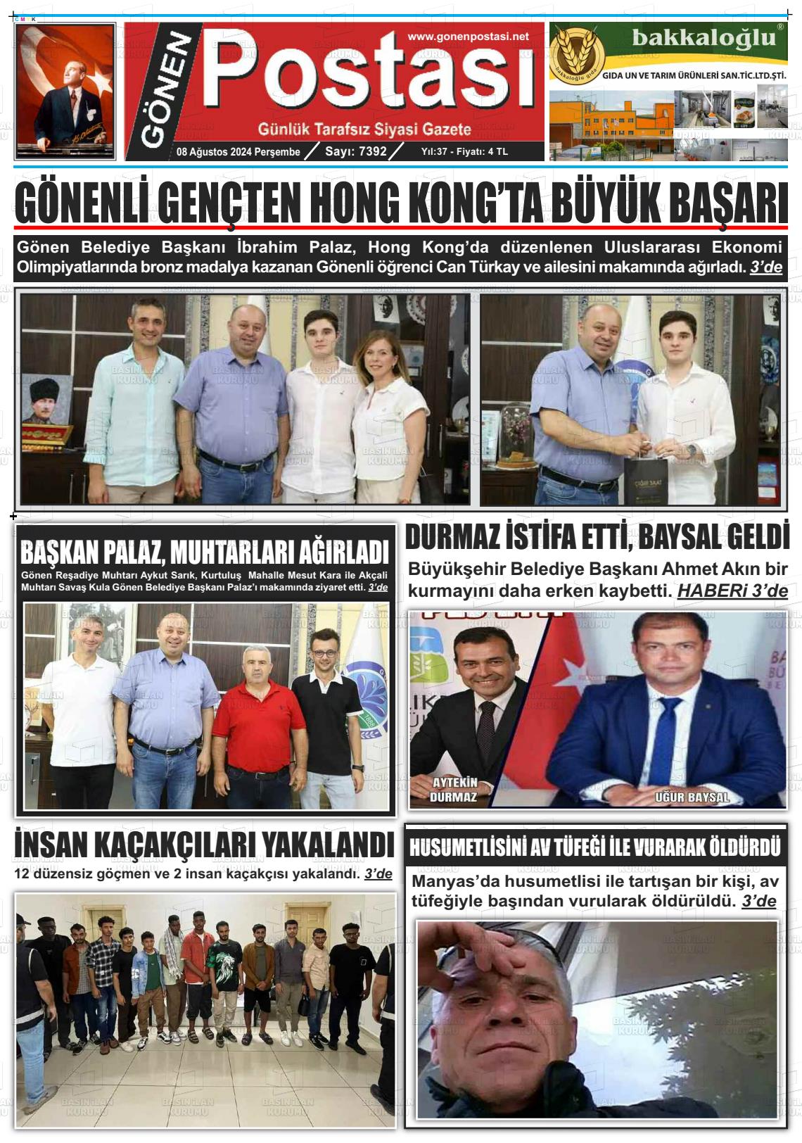 08 Ağustos 2024 Gönen Postası Gazete Manşeti