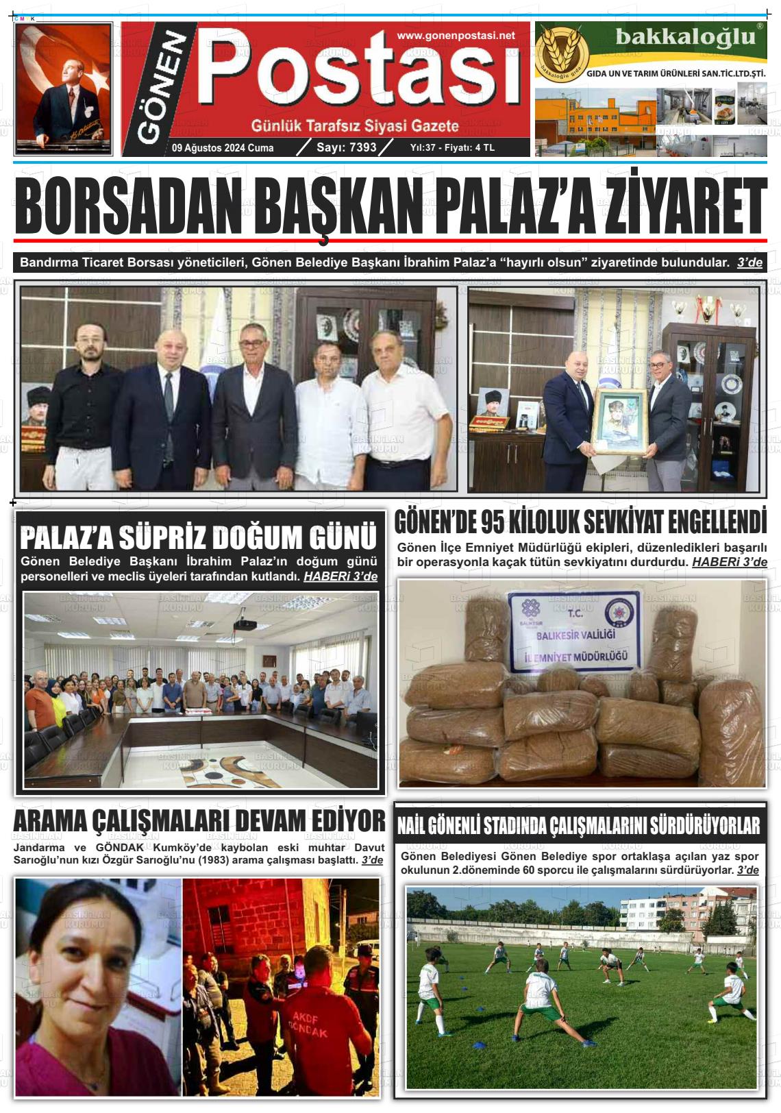 09 Ağustos 2024 Gönen Postası Gazete Manşeti