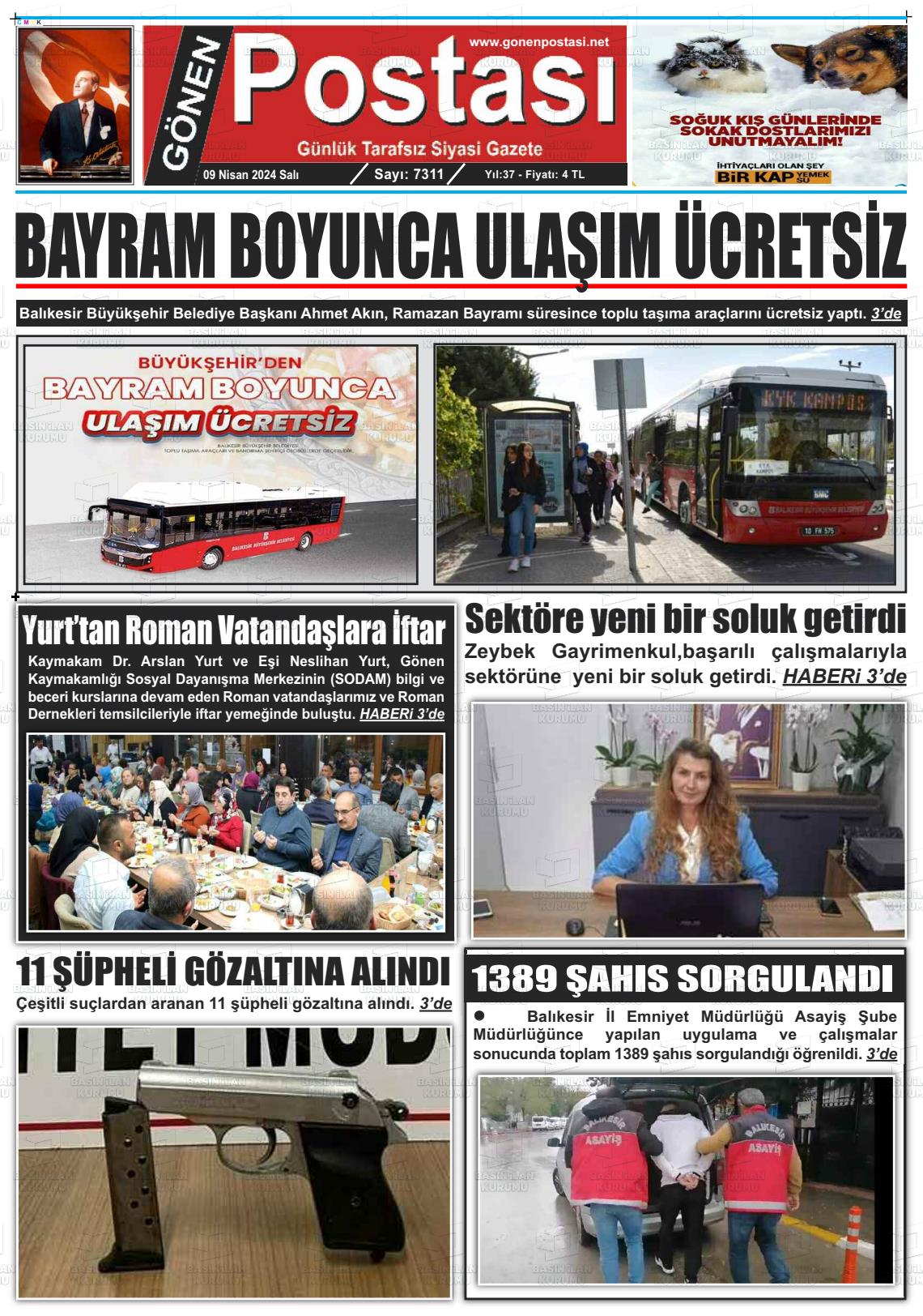 09 Nisan 2024 Gönen Postası Gazete Manşeti