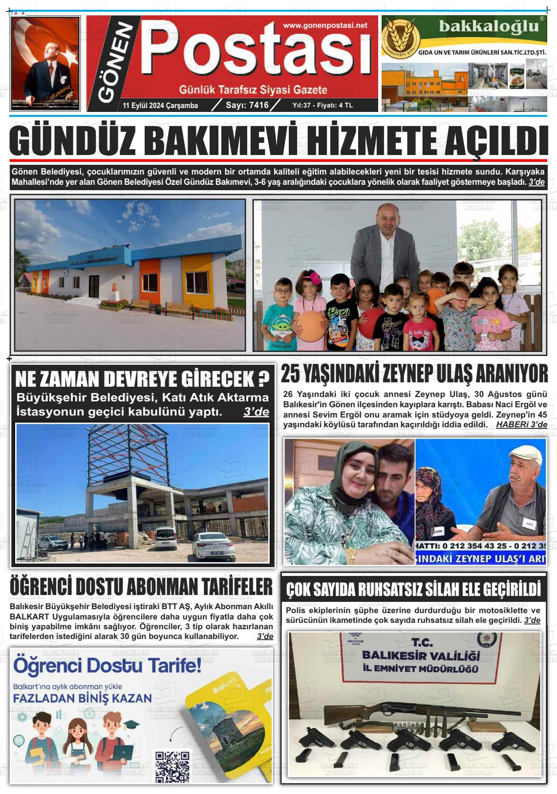 11 Eylül 2024 Gönen Postası Gazete Manşeti