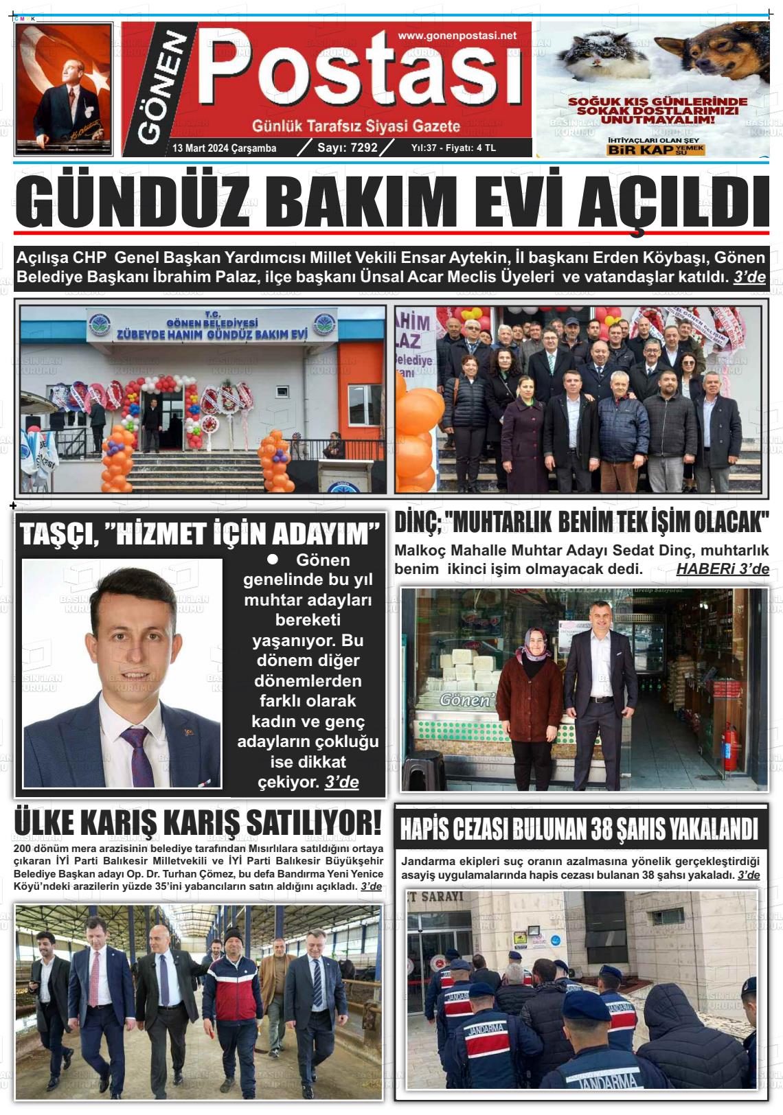 13 Mart 2024 Gönen Postası Gazete Manşeti