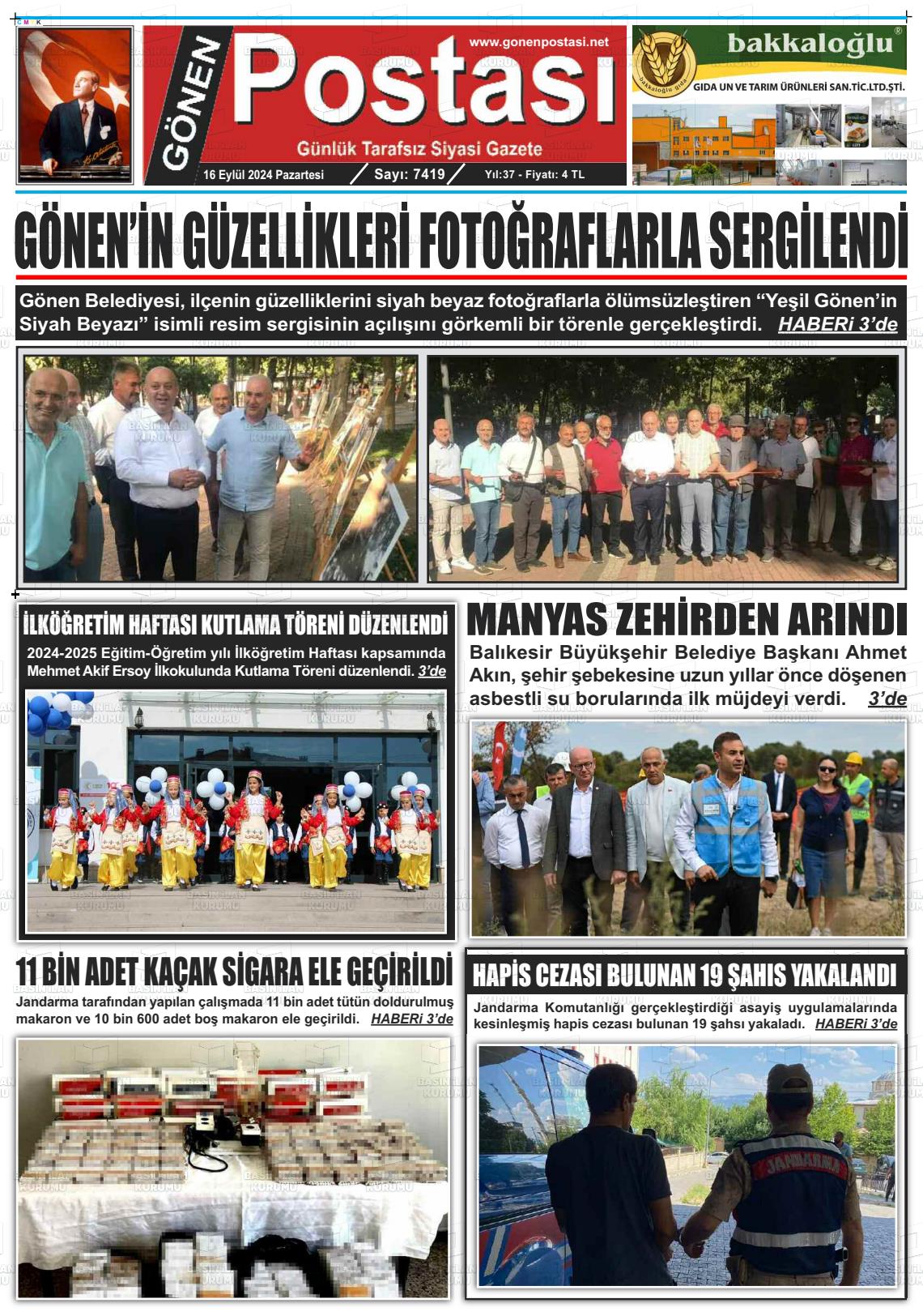 16 Eylül 2024 Gönen Postası Gazete Manşeti