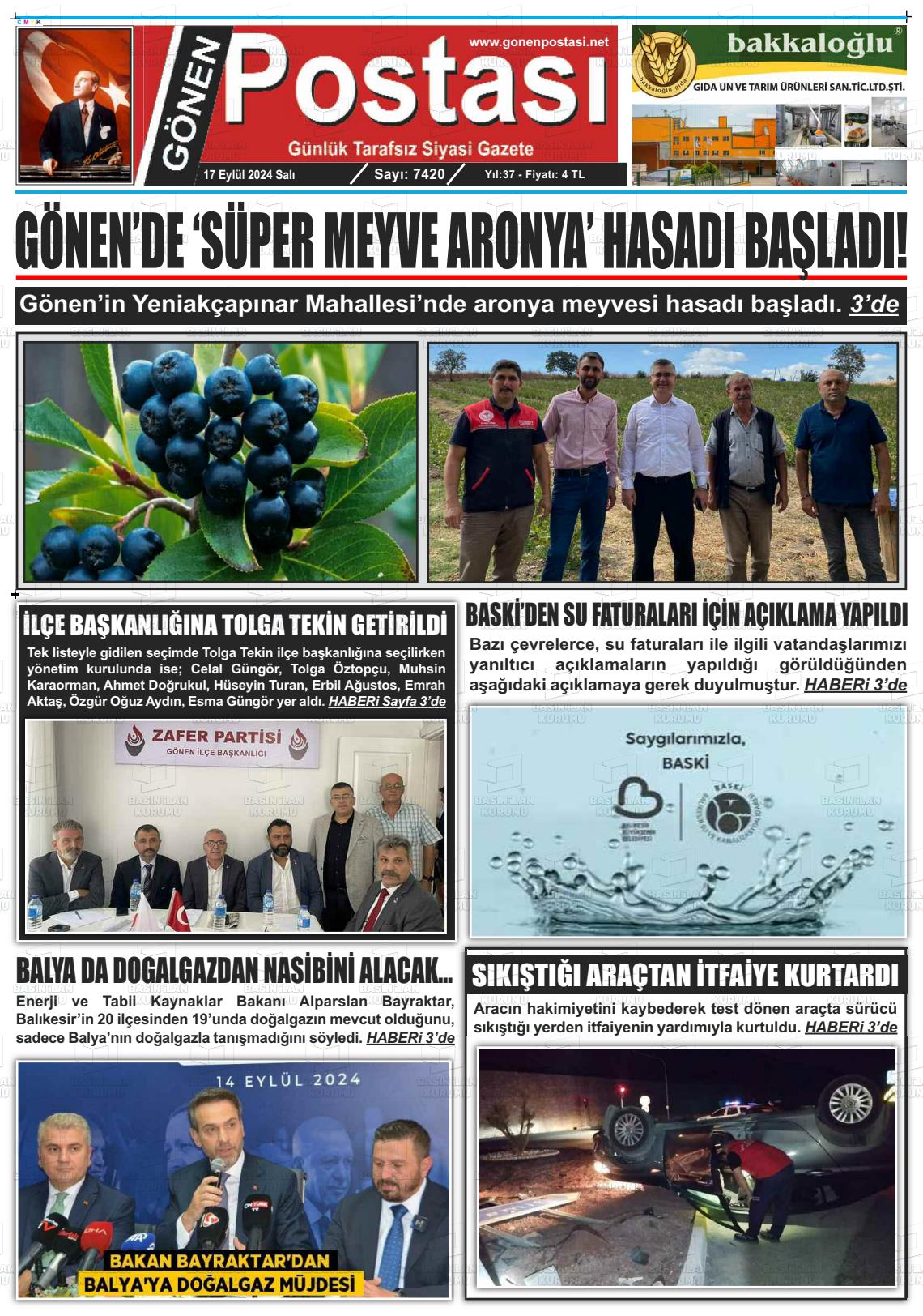 17 Eylül 2024 Gönen Postası Gazete Manşeti