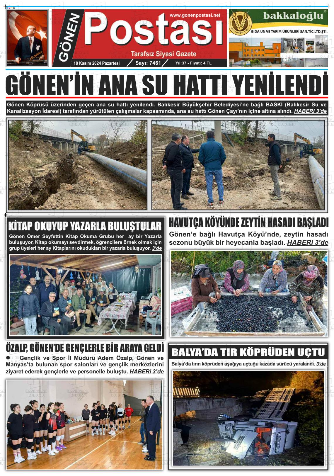 18 Kasım 2024 Gönen Postası Gazete Manşeti