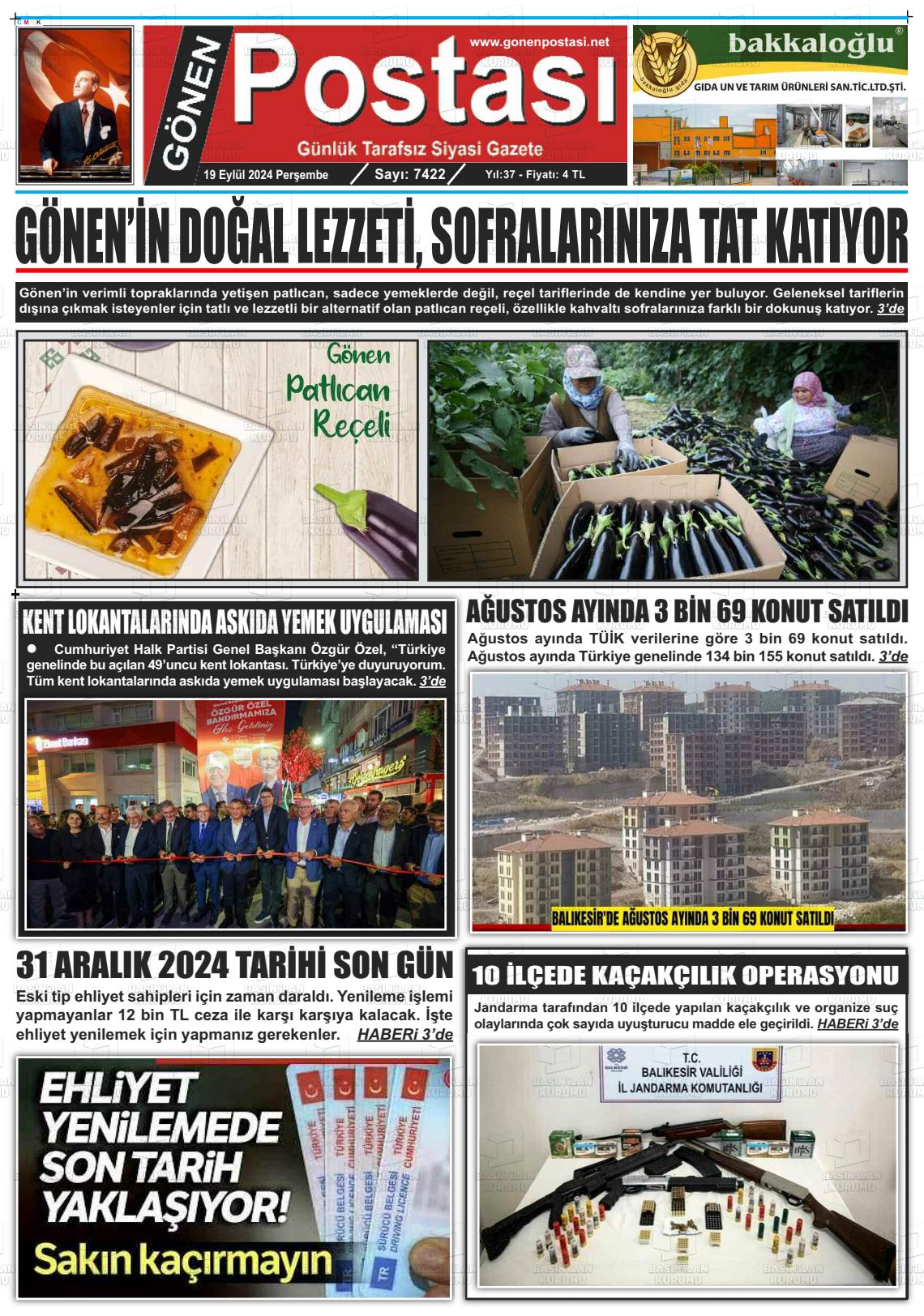 19 Eylül 2024 Gönen Postası Gazete Manşeti