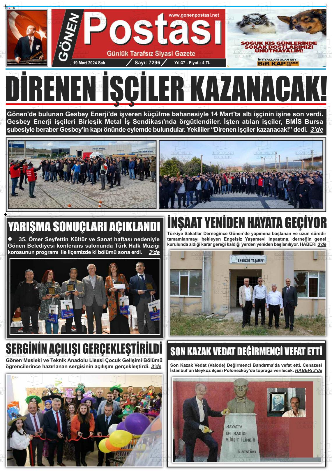 19 Mart 2024 Gönen Postası Gazete Manşeti