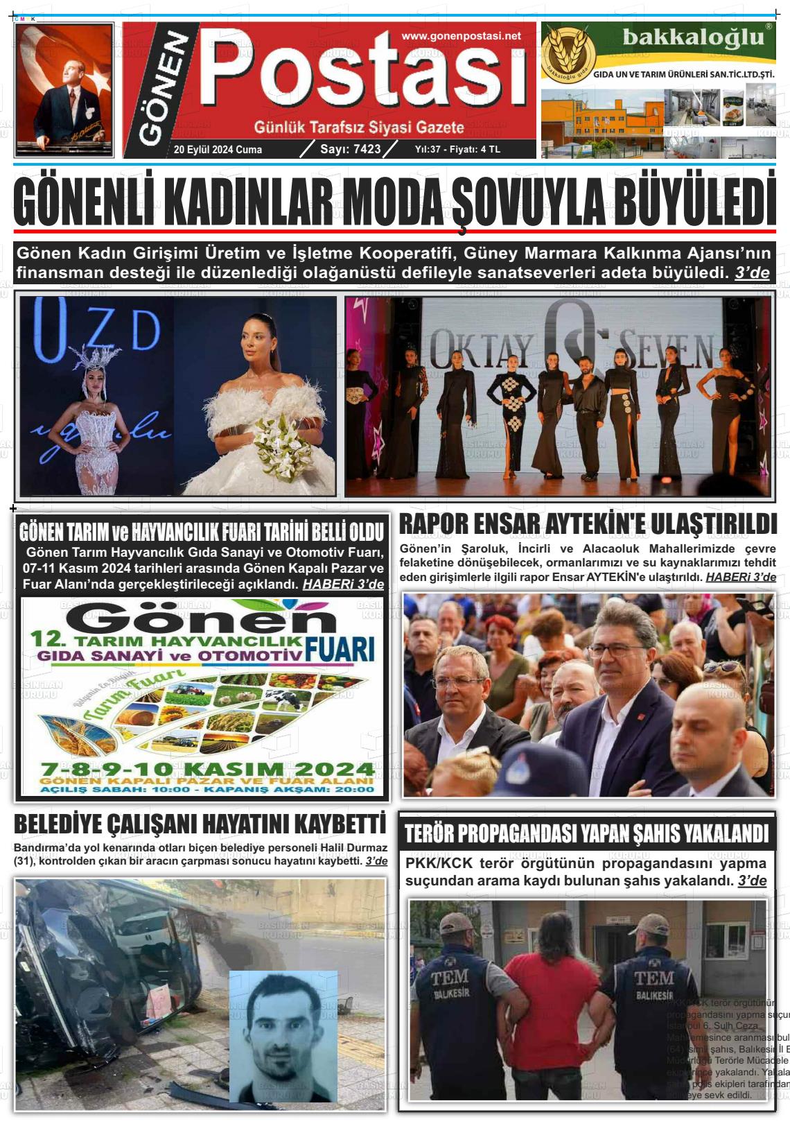 20 Eylül 2024 Gönen Postası Gazete Manşeti