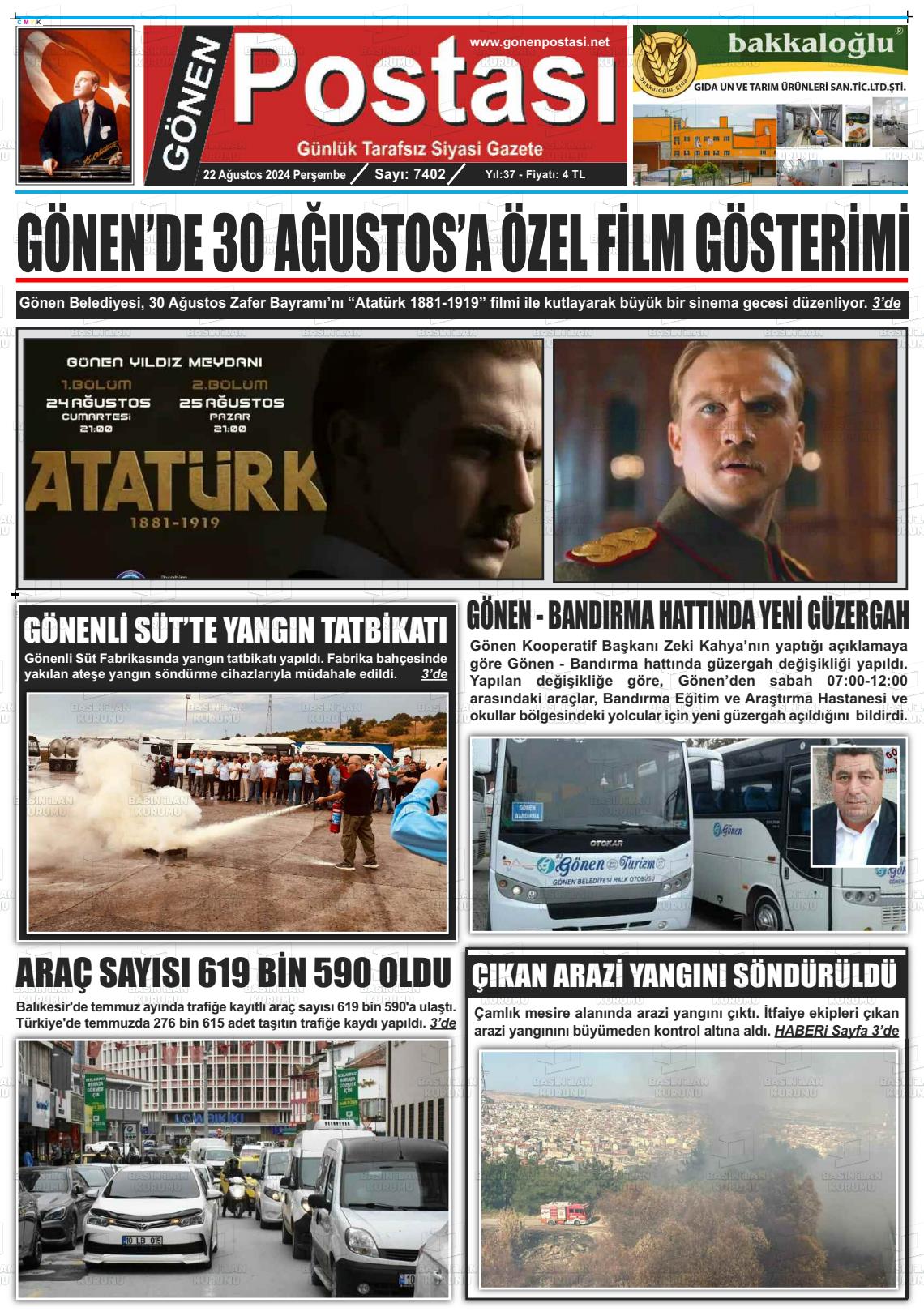 22 Ağustos 2024 Gönen Postası Gazete Manşeti