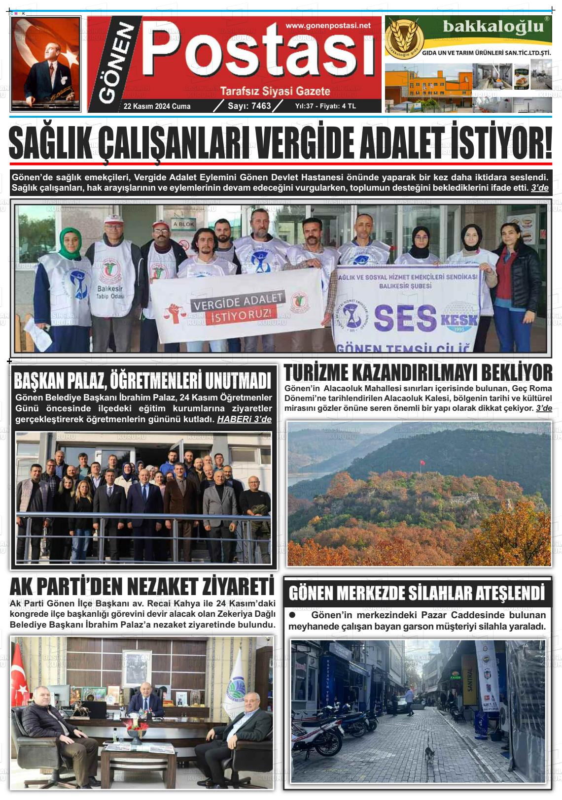 22 Kasım 2024 Gönen Postası Gazete Manşeti