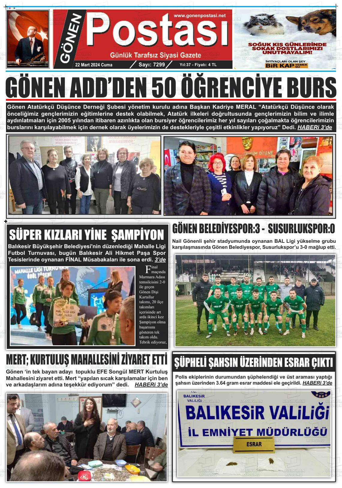 22 Mart 2024 Gönen Postası Gazete Manşeti