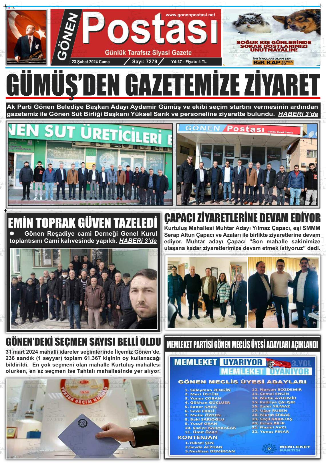 23 Şubat 2024 Gönen Postası Gazete Manşeti