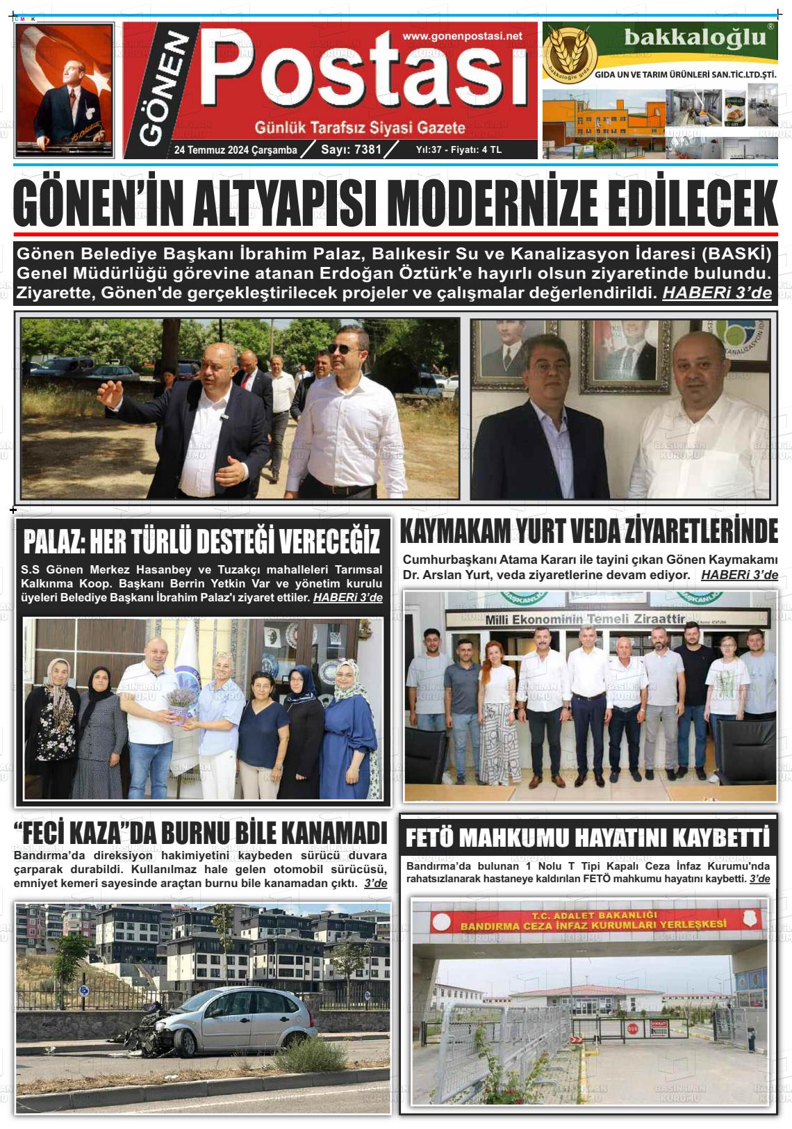 24 Temmuz 2024 Gönen Postası Gazete Manşeti