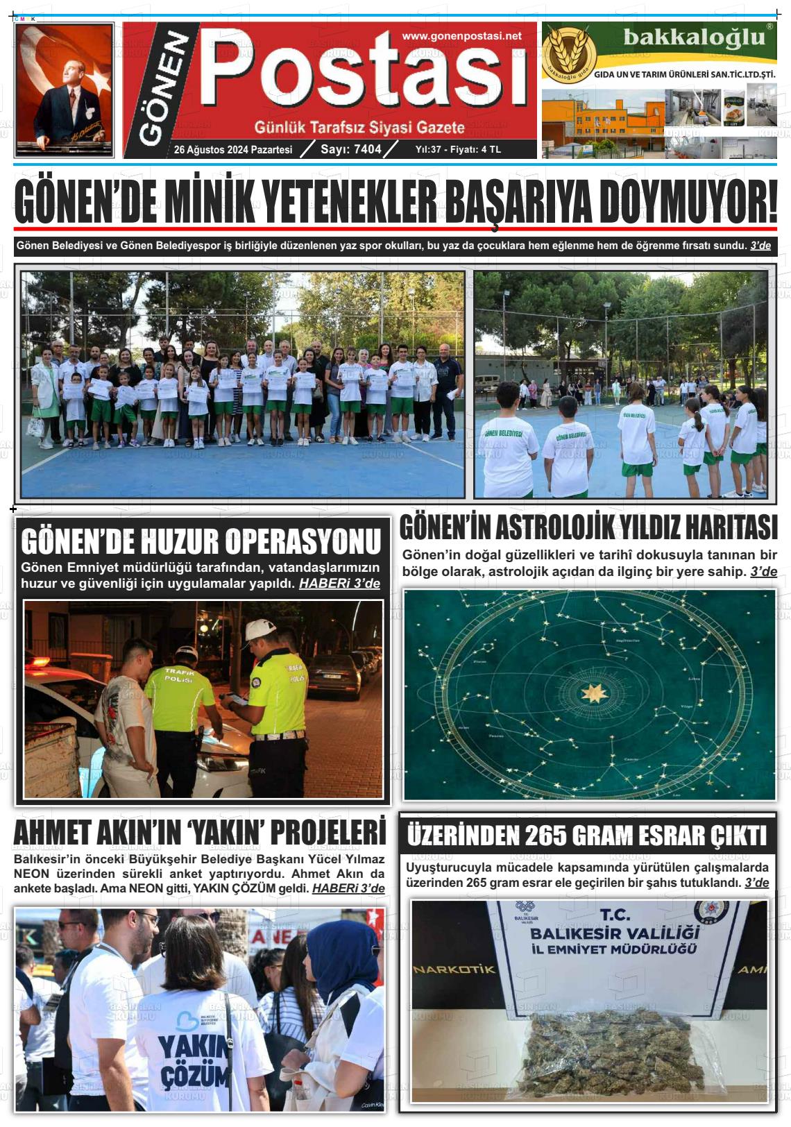 26 Ağustos 2024 Gönen Postası Gazete Manşeti