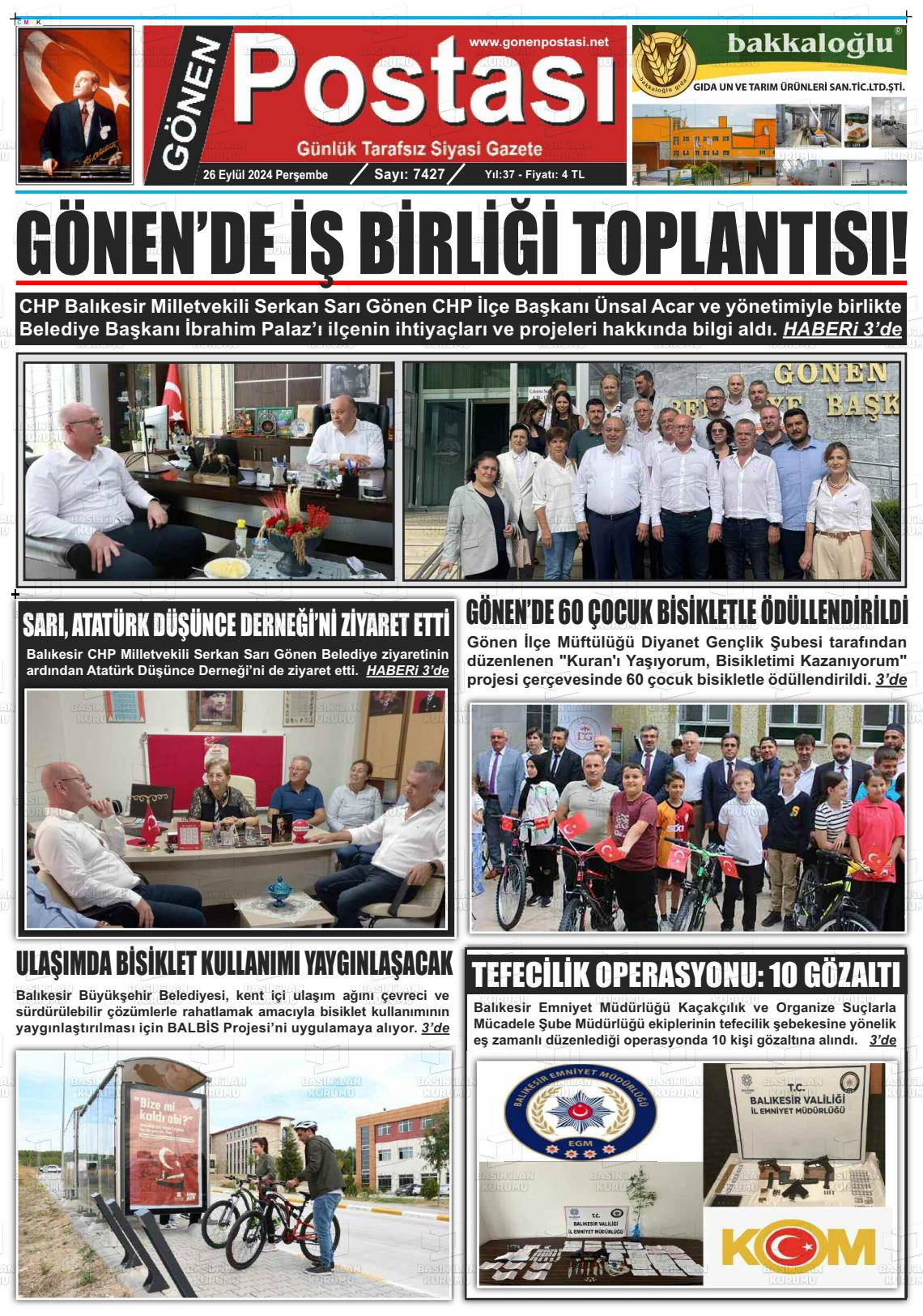 26 Eylül 2024 Gönen Postası Gazete Manşeti